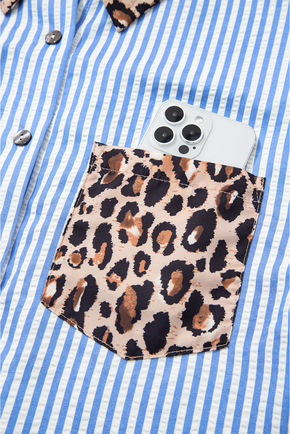 Sky Blue Striped Leopard Print Patchwork Button Up Womens Shirt-Tops/Blouses & Shirts-[Adult]-[Female]-2022 Online Blue Zone Planet