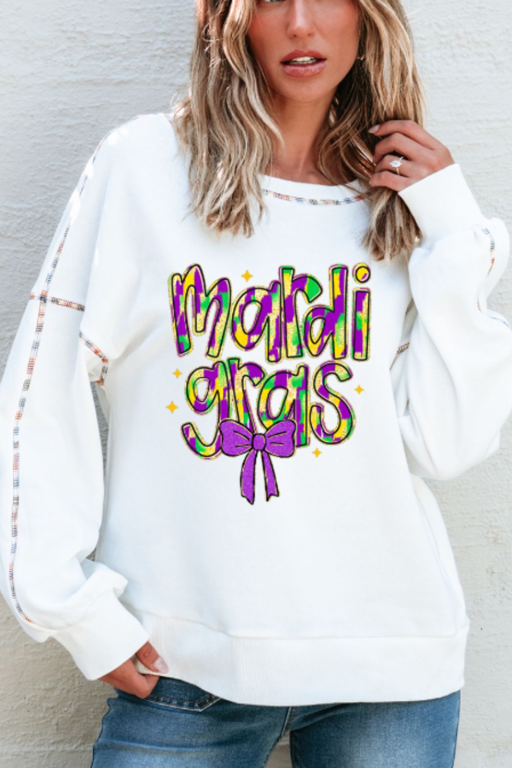 MARDI GRAS Round Neck Long Sleeve Sweatshirt-TOPS / DRESSES-[Adult]-[Female]-2022 Online Blue Zone Planet