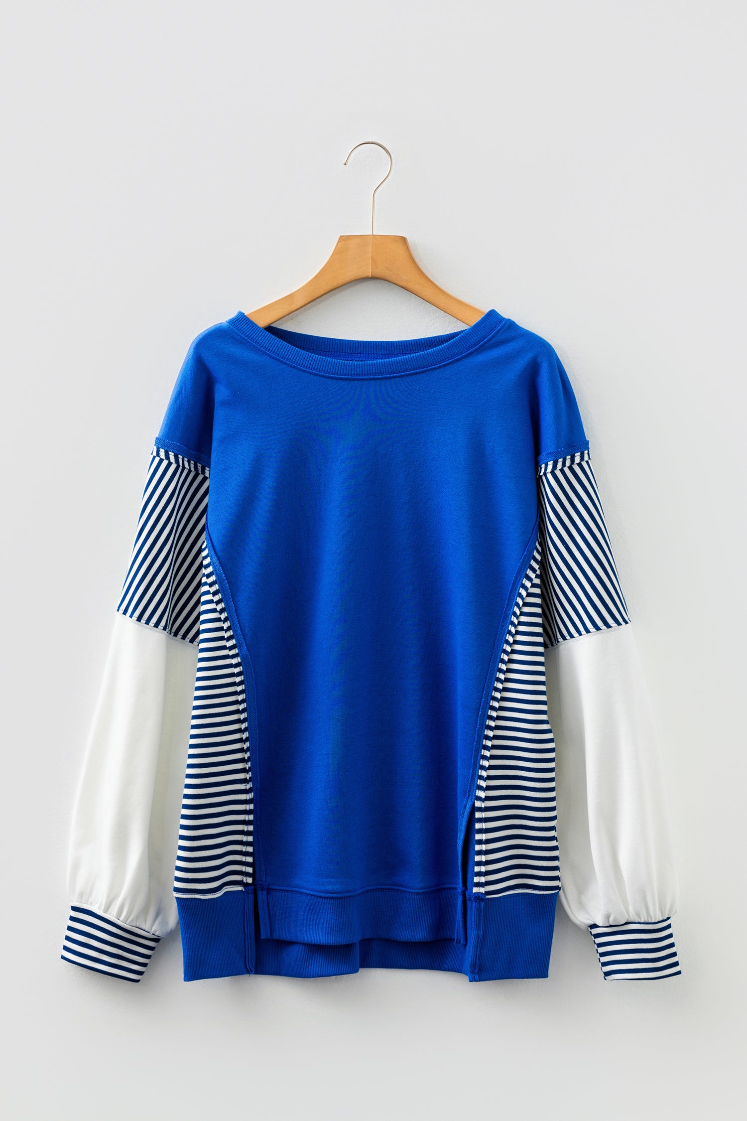 Dark Blue Striped Patchwork Sleeve Colorblock Sweatshirt-Tops/Sweatshirts & Hoodies-[Adult]-[Female]-2022 Online Blue Zone Planet