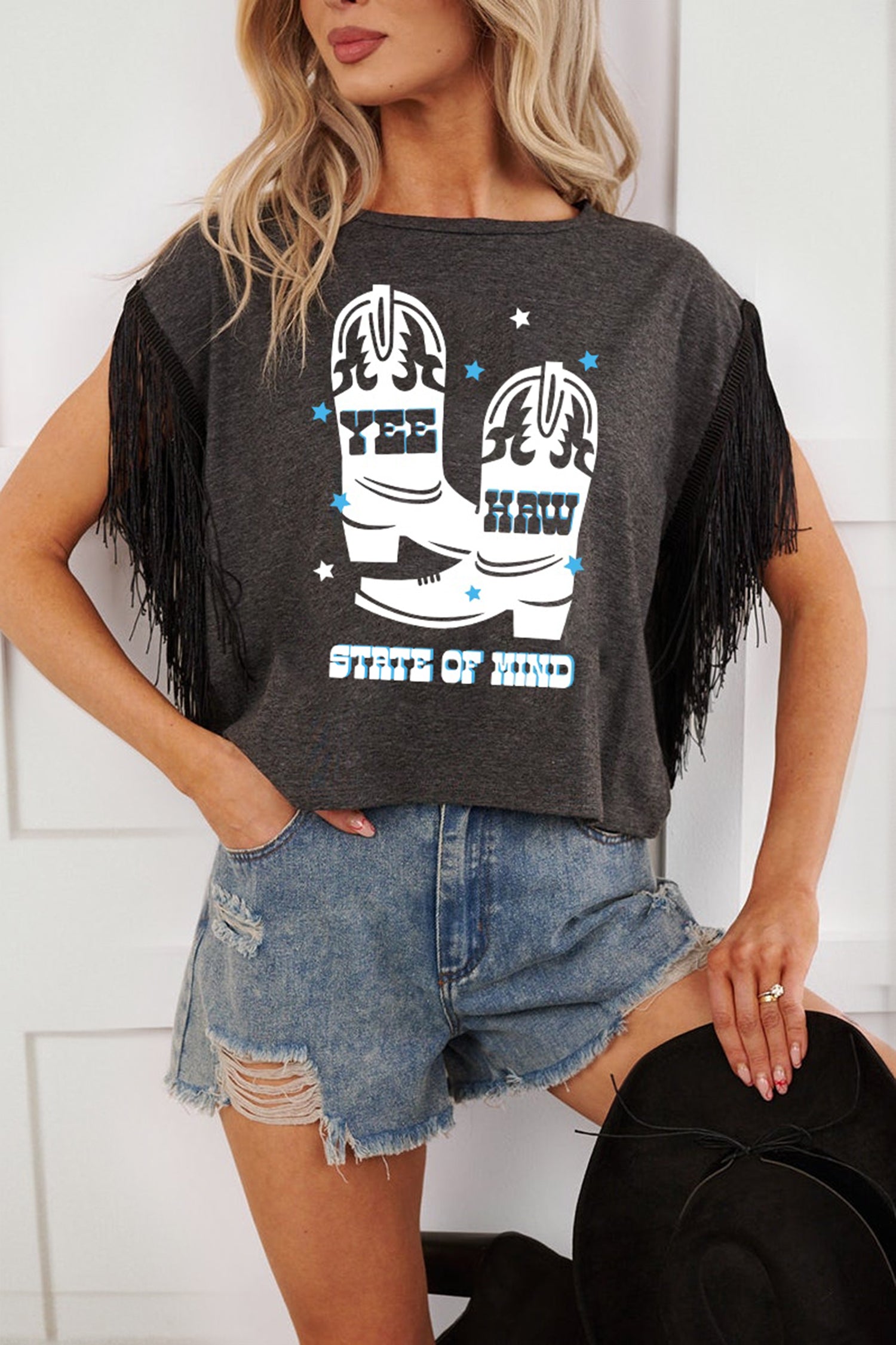 Carbon Grey Yee Haw Boots State Of Mind Fringed Sleeve Tee-Tops/Tops & Tees-[Adult]-[Female]-Carbon Grey-S-2022 Online Blue Zone Planet