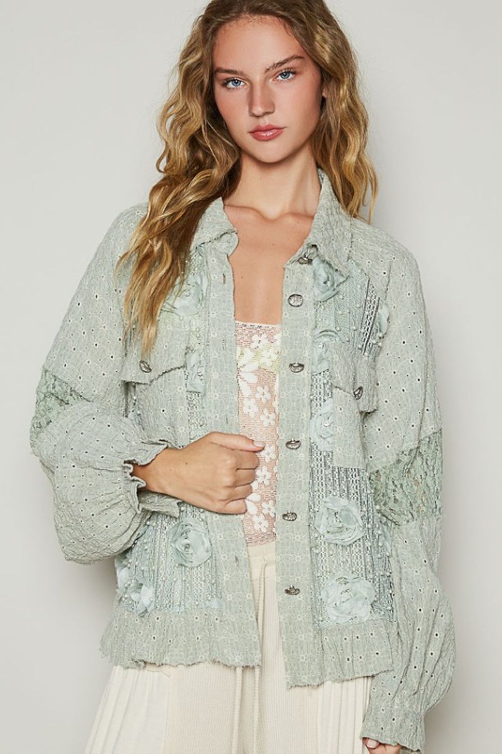 POL Eyelet Flower Pearl Detail Lace Patchwork Shirt-TOPS / DRESSES-[Adult]-[Female]-SAGE-S-2022 Online Blue Zone Planet