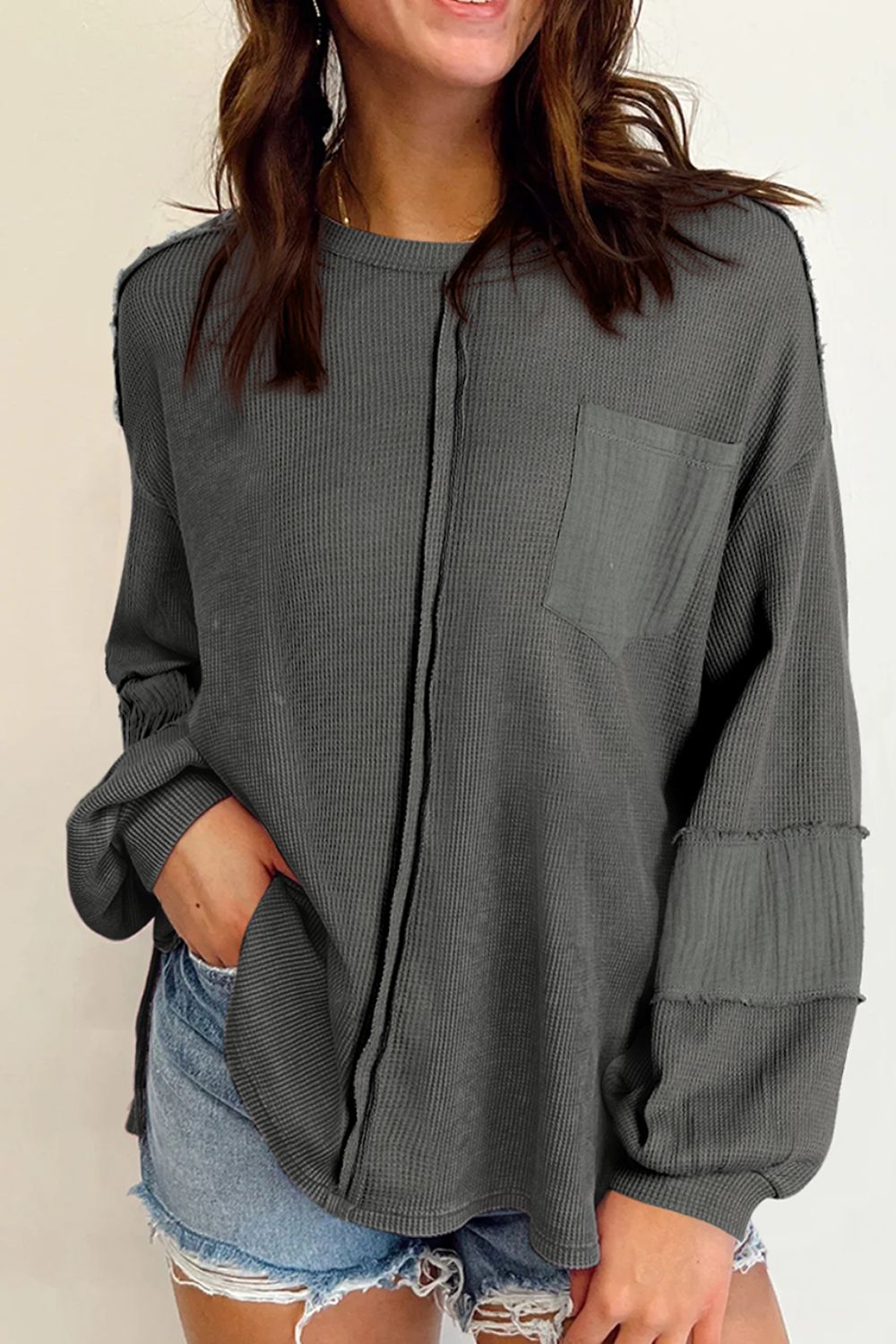 Exposed Seam Round Neck Long Sleeve Sweatshirt-TOPS / DRESSES-[Adult]-[Female]-Dark Gray-S-2022 Online Blue Zone Planet