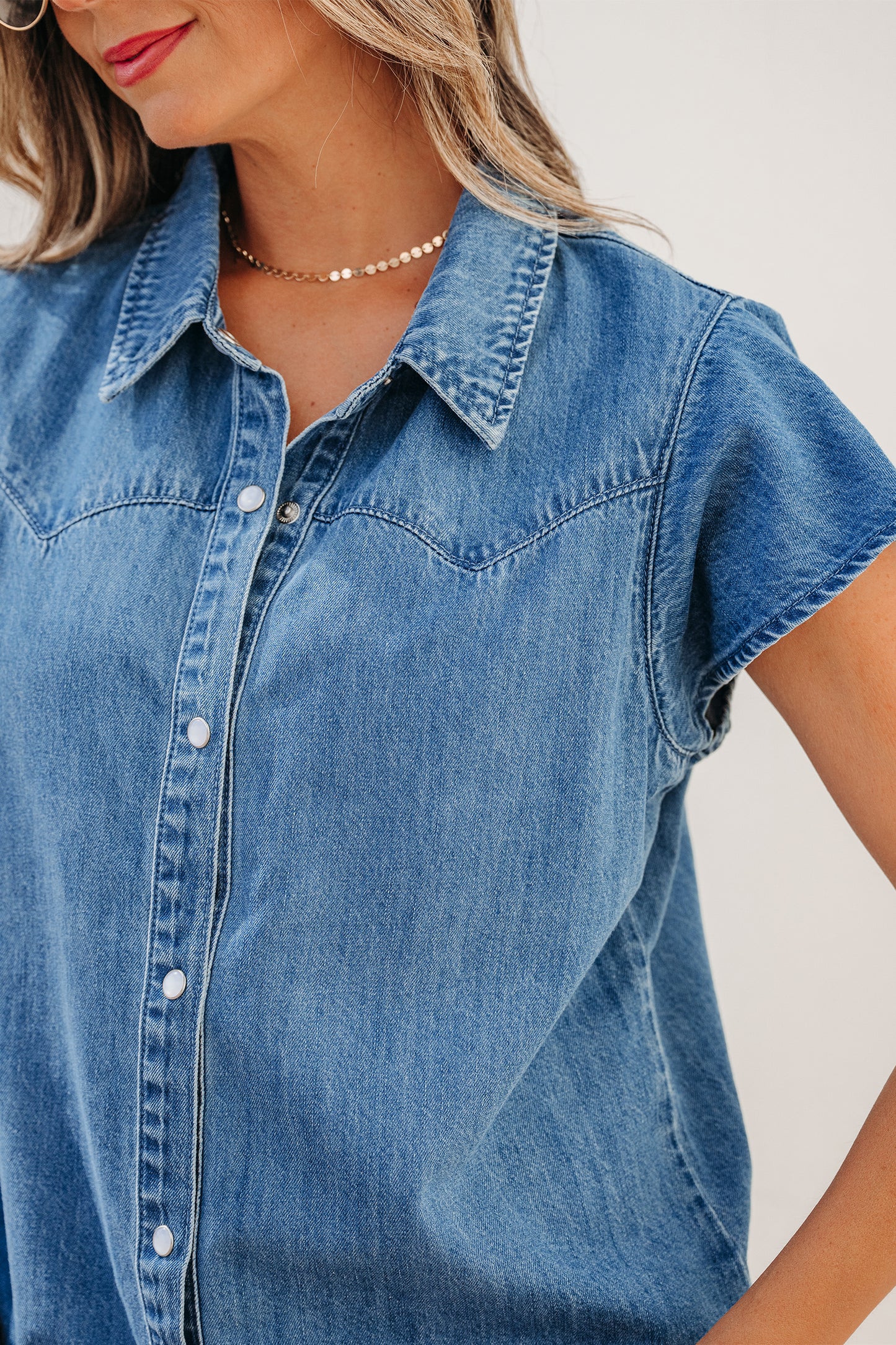Dusk Blue Ruffled Short Sleeve Denim Shirt-Tops/Blouses & Shirts-[Adult]-[Female]-2022 Online Blue Zone Planet