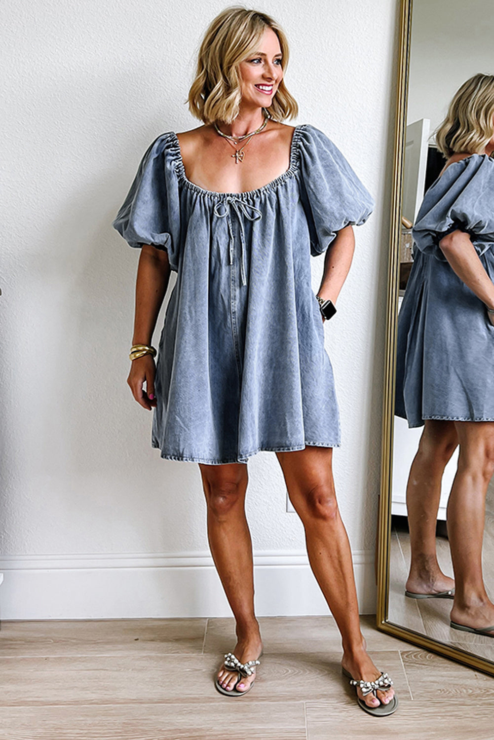 Myosotis Bubble Sleeve Square Neck Denim Babydoll Dress-Short Dresses-[Adult]-[Female]-2022 Online Blue Zone Planet