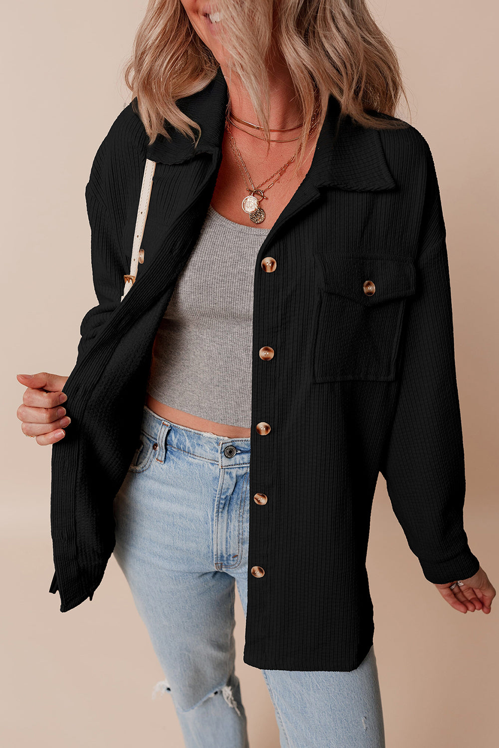 Blue Zone Planet | Black Corduroy Flap Pocket Button Up Shacket-Outerwear/Jackets-[Adult]-[Female]-2022 Online Blue Zone Planet