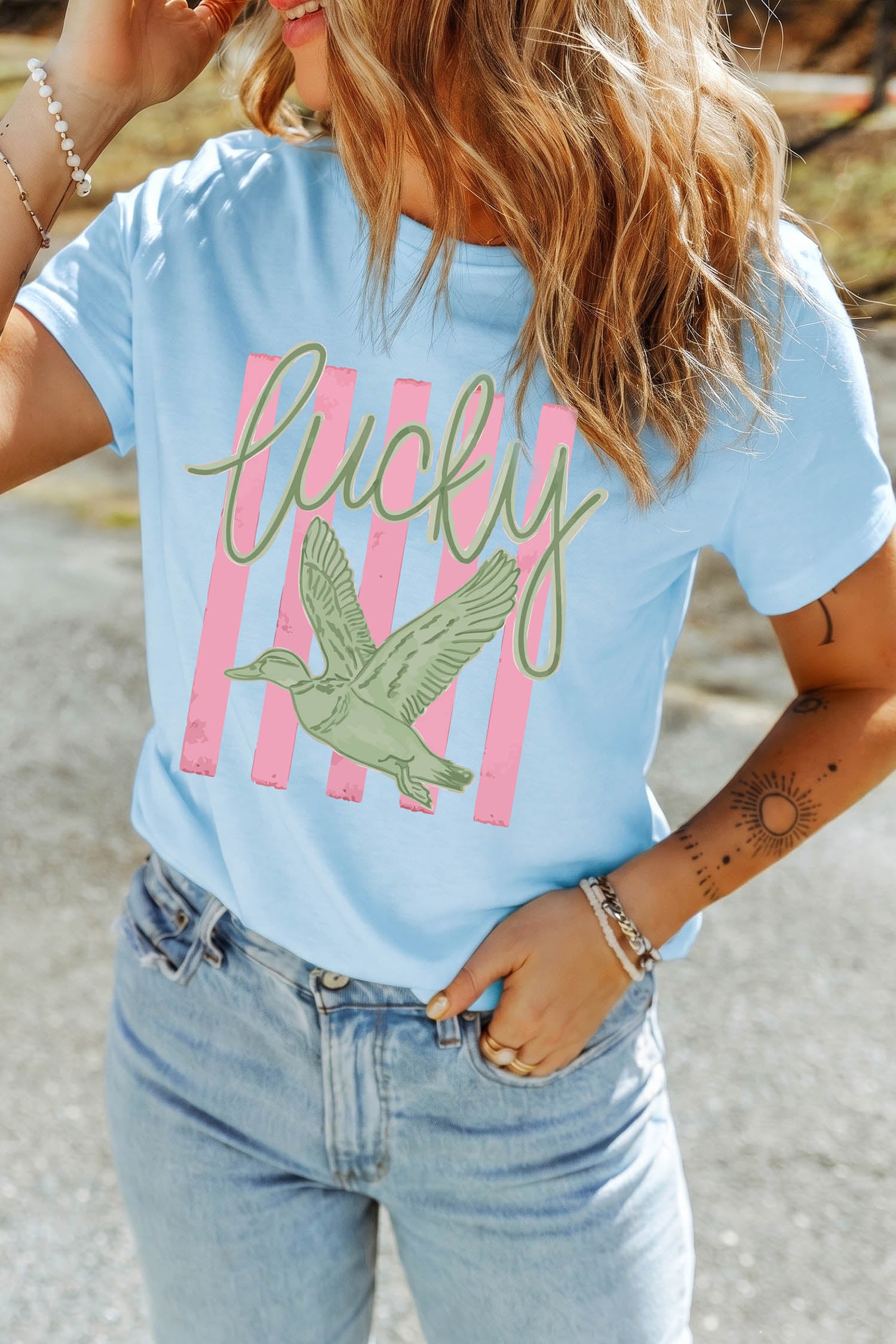 Light Blue Lucky Duck Print Casual Round Neck T Shirt-Graphic/Graphic Tees-[Adult]-[Female]-2022 Online Blue Zone Planet