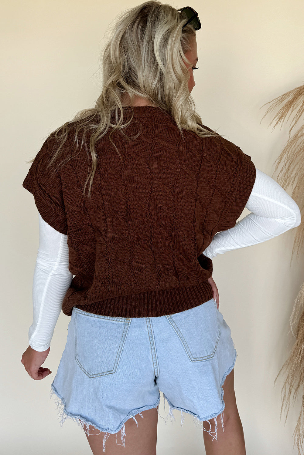 Dark Brown Cable Texture Crew Neck Short Sleeve Sweater Top-TOPS / DRESSES-[Adult]-[Female]-2022 Online Blue Zone Planet