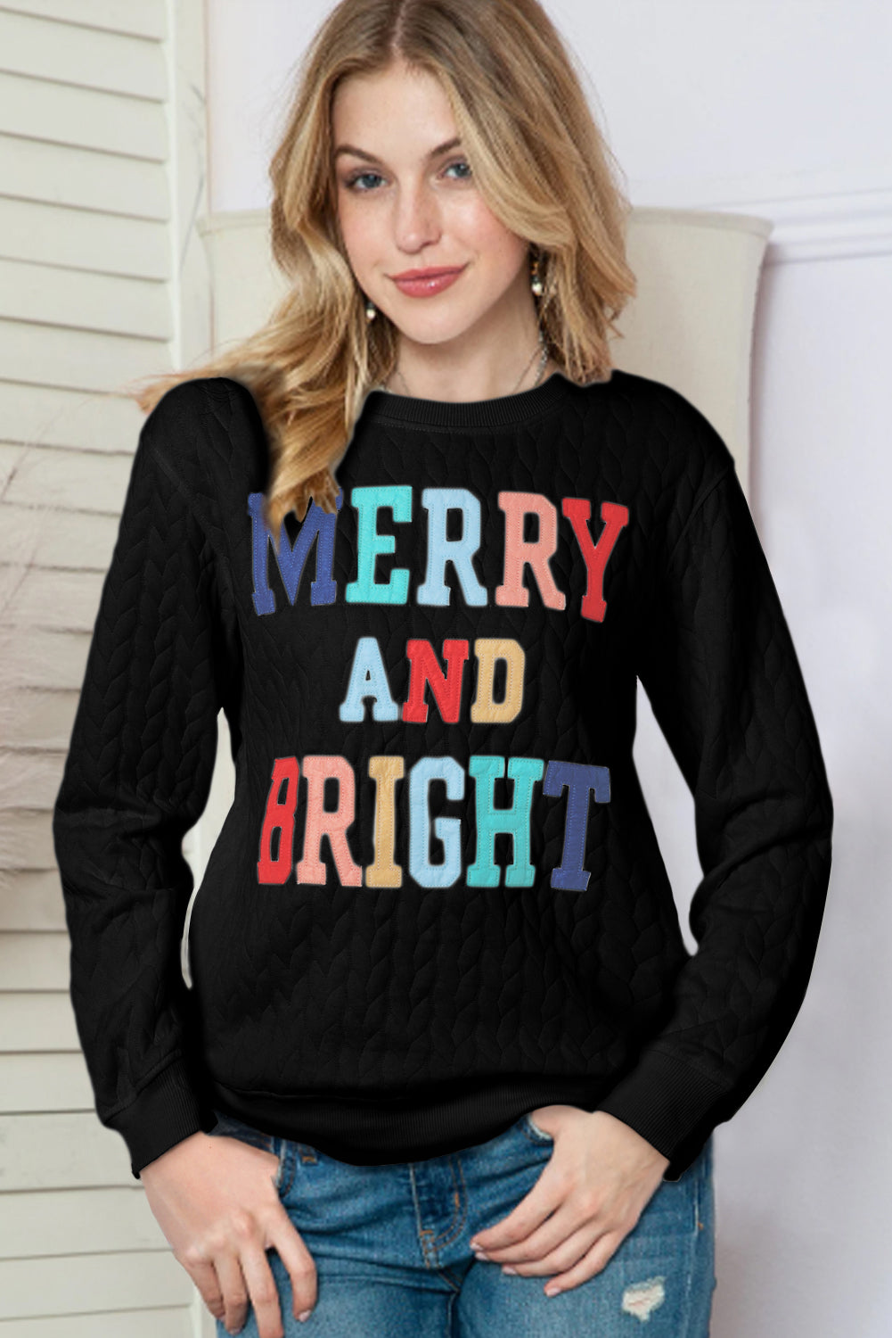 White Merry and Bright Quilted Sweatshirt-Sweatshirts & Hoodies-[Adult]-[Female]-2022 Online Blue Zone Planet