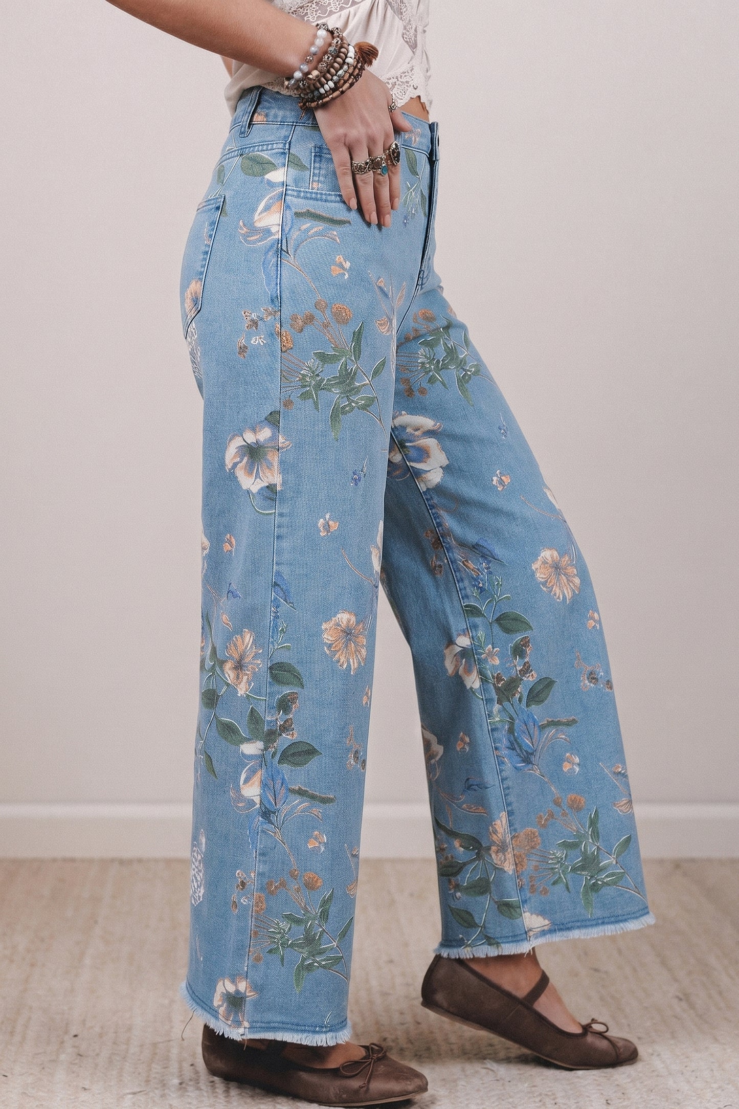 Sky Blue Retro Floral Print Frayed Hem Shift Jeans-Bottoms/Jeans-[Adult]-[Female]-2022 Online Blue Zone Planet