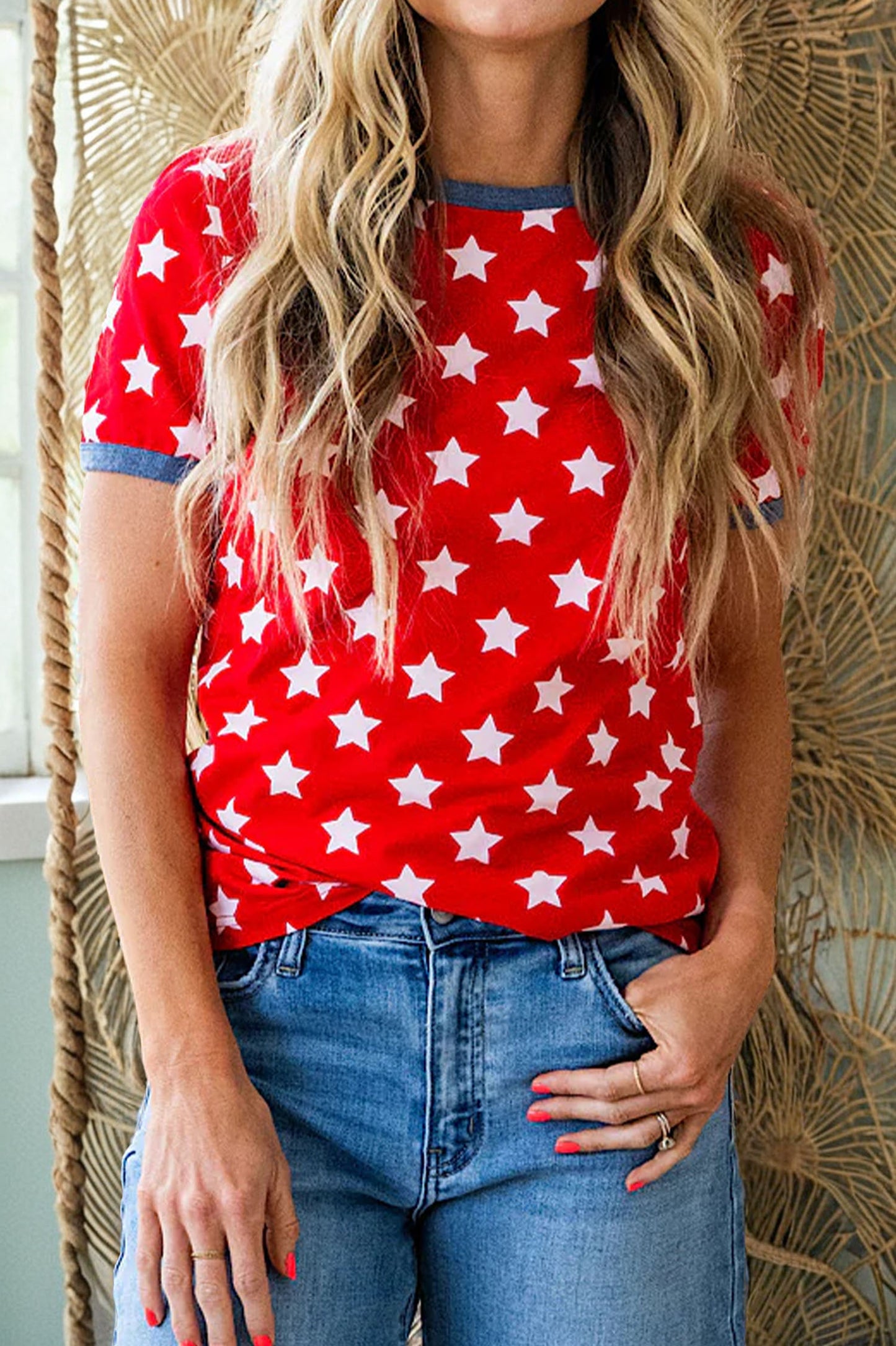 Red Stars Print Colorblock Binding Tape Collar Cuff Viscose Tunic Top-Tops/Tops & Tees-[Adult]-[Female]-2022 Online Blue Zone Planet