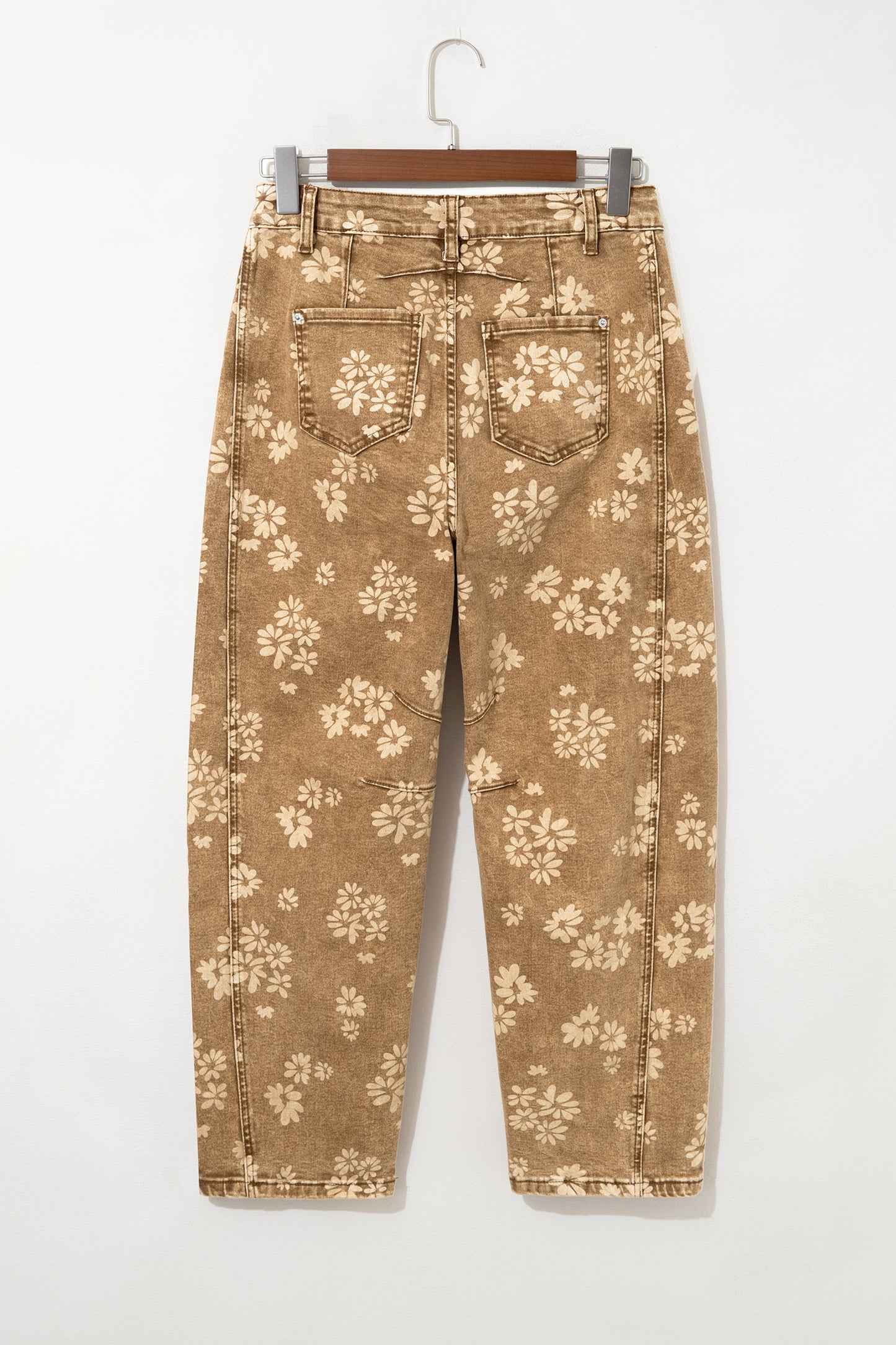 Khaki Floral Print Metal Button Pleated Straight Leg Jeans-Bottoms/Jeans-[Adult]-[Female]-2022 Online Blue Zone Planet