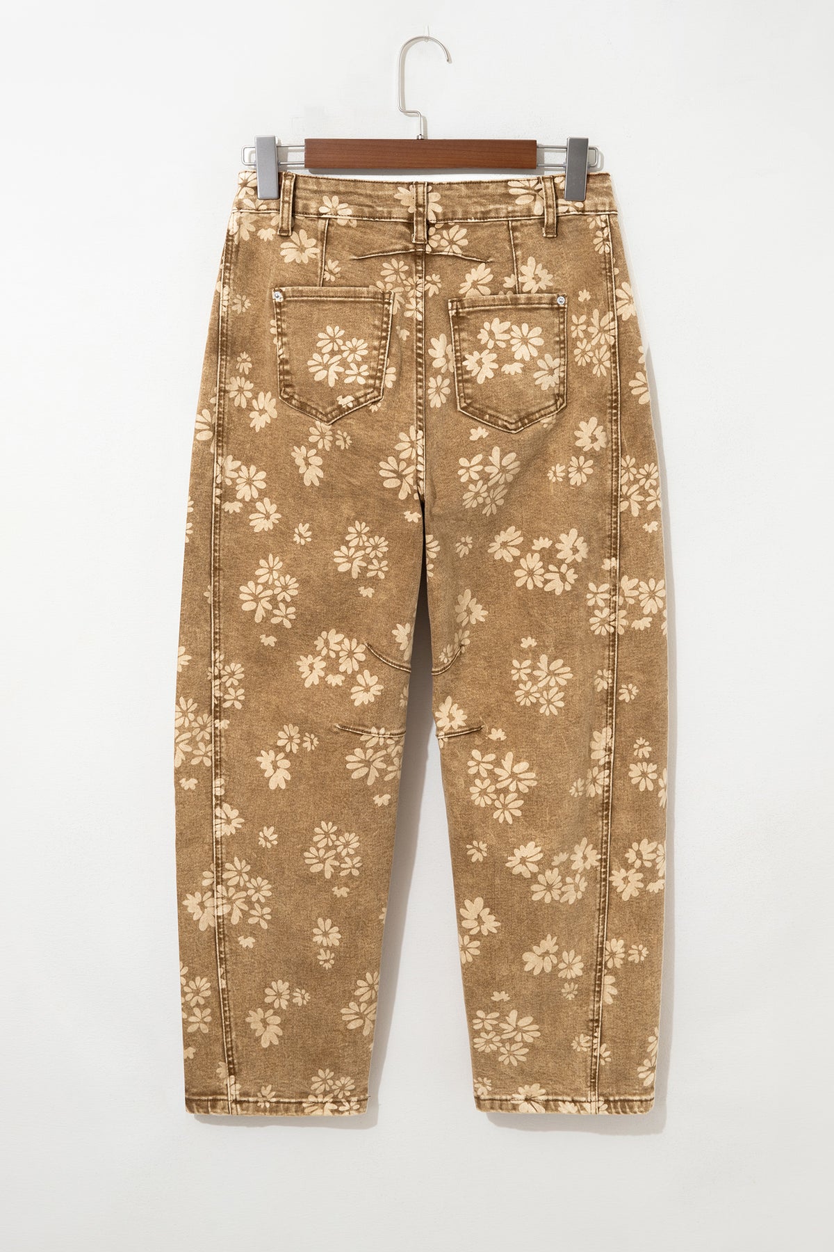 Khaki Floral Print Metal Button Pleated Straight Leg Jeans-Bottoms/Jeans-[Adult]-[Female]-2022 Online Blue Zone Planet