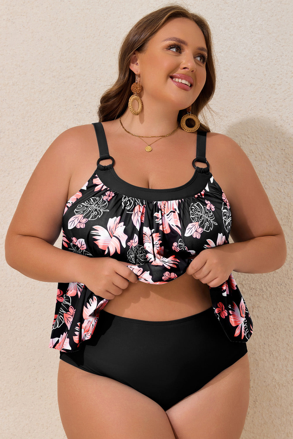 Black 2pcs Plus Size Wide Strap Floral Top Tankini Set-Plus Size/Plus Size Swimwear-[Adult]-[Female]-2022 Online Blue Zone Planet