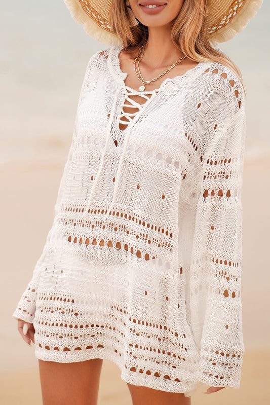 Blue Zone Planet |  White Lace-up V Neck Hollow Out Knitted Long Sleeve Cover Up Blue Zone Planet