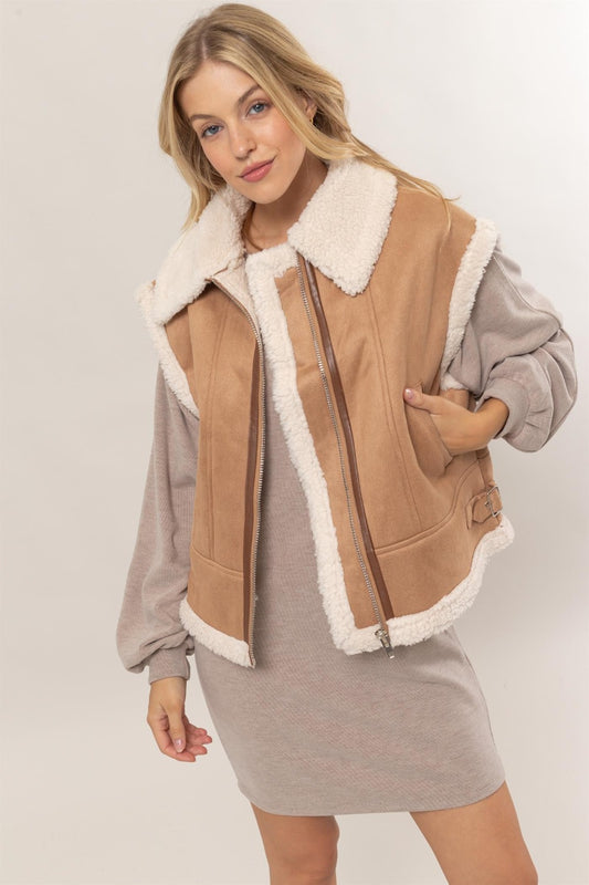 Blue Zone Planet | HYFVE Fur-Contrast Zip Up Suede Vest-TOPS / DRESSES-[Adult]-[Female]-Brown-S-2022 Online Blue Zone Planet