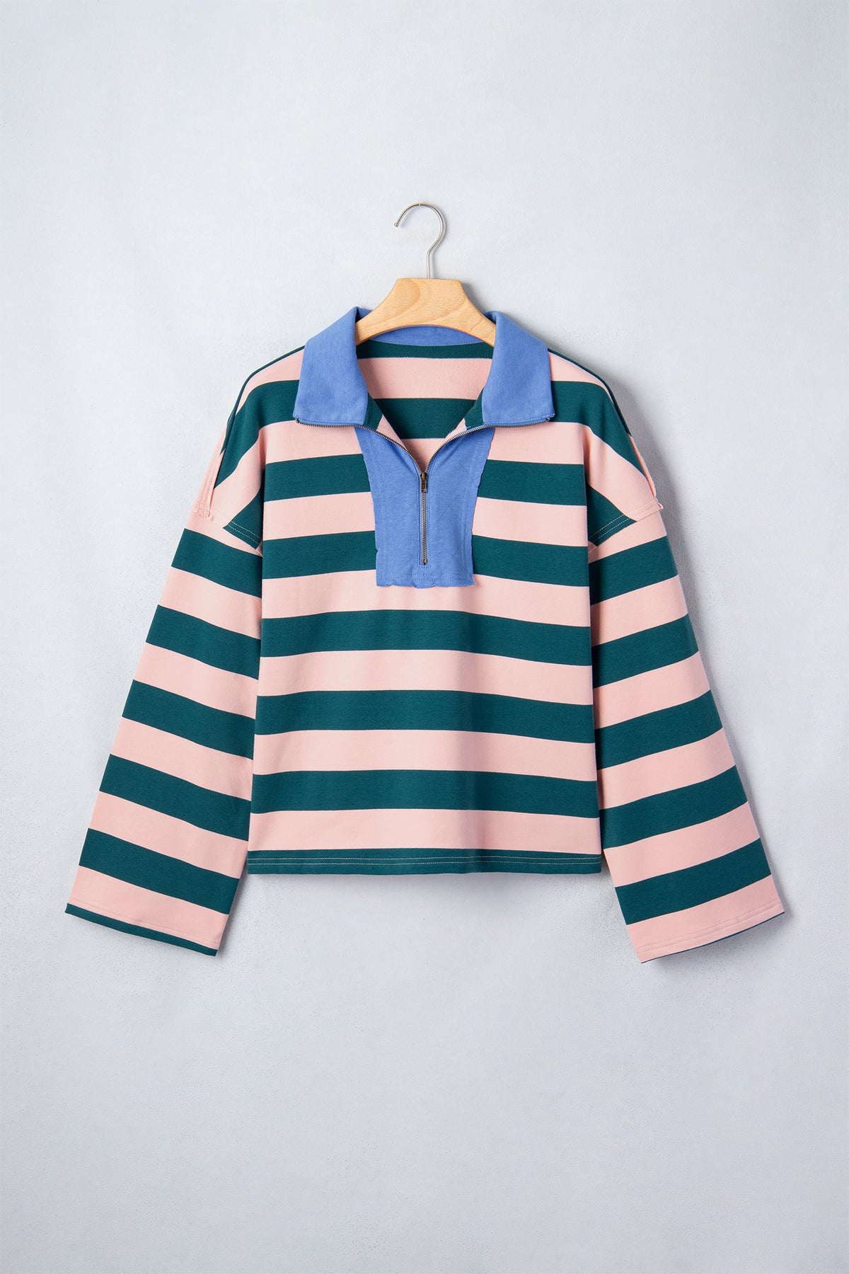 Green Stripe Quarter-Zip Metal Zipper Cover Stitch Hem Top-Tops/Long Sleeve Tops-[Adult]-[Female]-2022 Online Blue Zone Planet