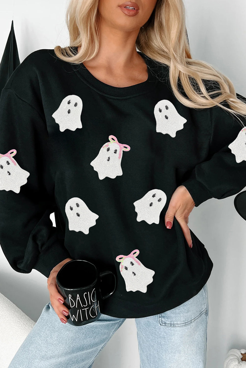 Black Sequin Cute Bow Ghost Graphic Crew Neck Halloween Sweatshirt-Graphic/Graphic Sweatshirts-[Adult]-[Female]-2022 Online Blue Zone Planet