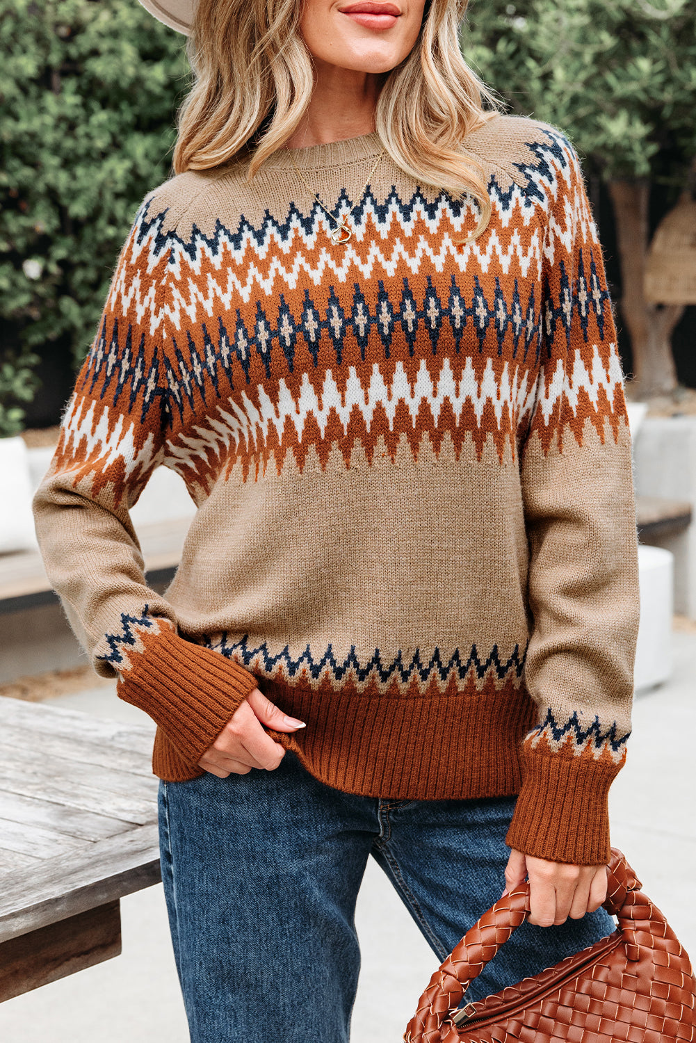 Khaki Aztec Print Colorblock Crew Neck Sweater-TOPS / DRESSES-[Adult]-[Female]-2022 Online Blue Zone Planet
