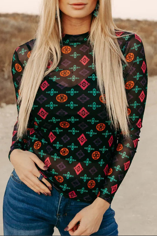 Black Western Aztec Printed Long Sleeve Mesh Top-Tops/Long Sleeve Tops-[Adult]-[Female]-Black-S-2022 Online Blue Zone Planet