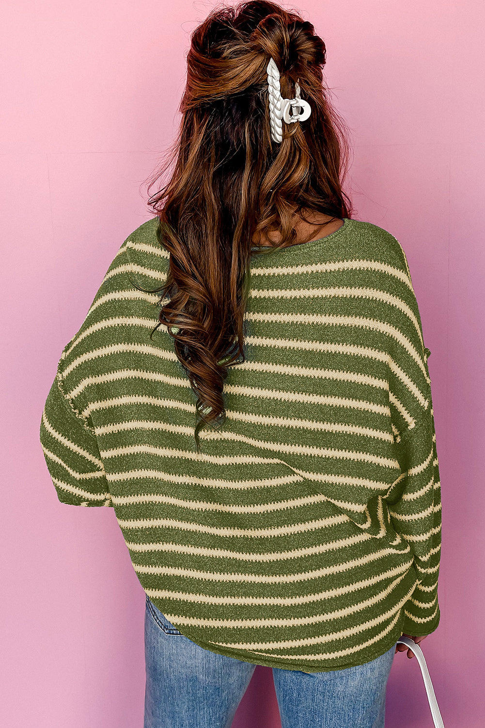 Blue Zone Planet | Green Stripe Drop Shoulder Sweater-TOPS / DRESSES-[Adult]-[Female]-2022 Online Blue Zone Planet