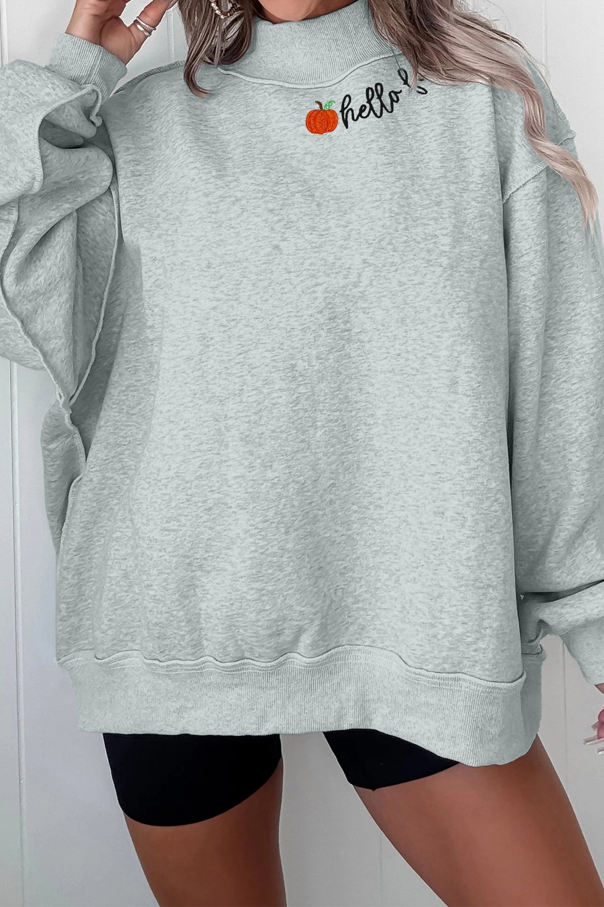 Gray hello fall Embroidered Pumpkin Detail Mock Neck Sweatshirt-Graphic/Graphic Sweatshirts-[Adult]-[Female]-2022 Online Blue Zone Planet
