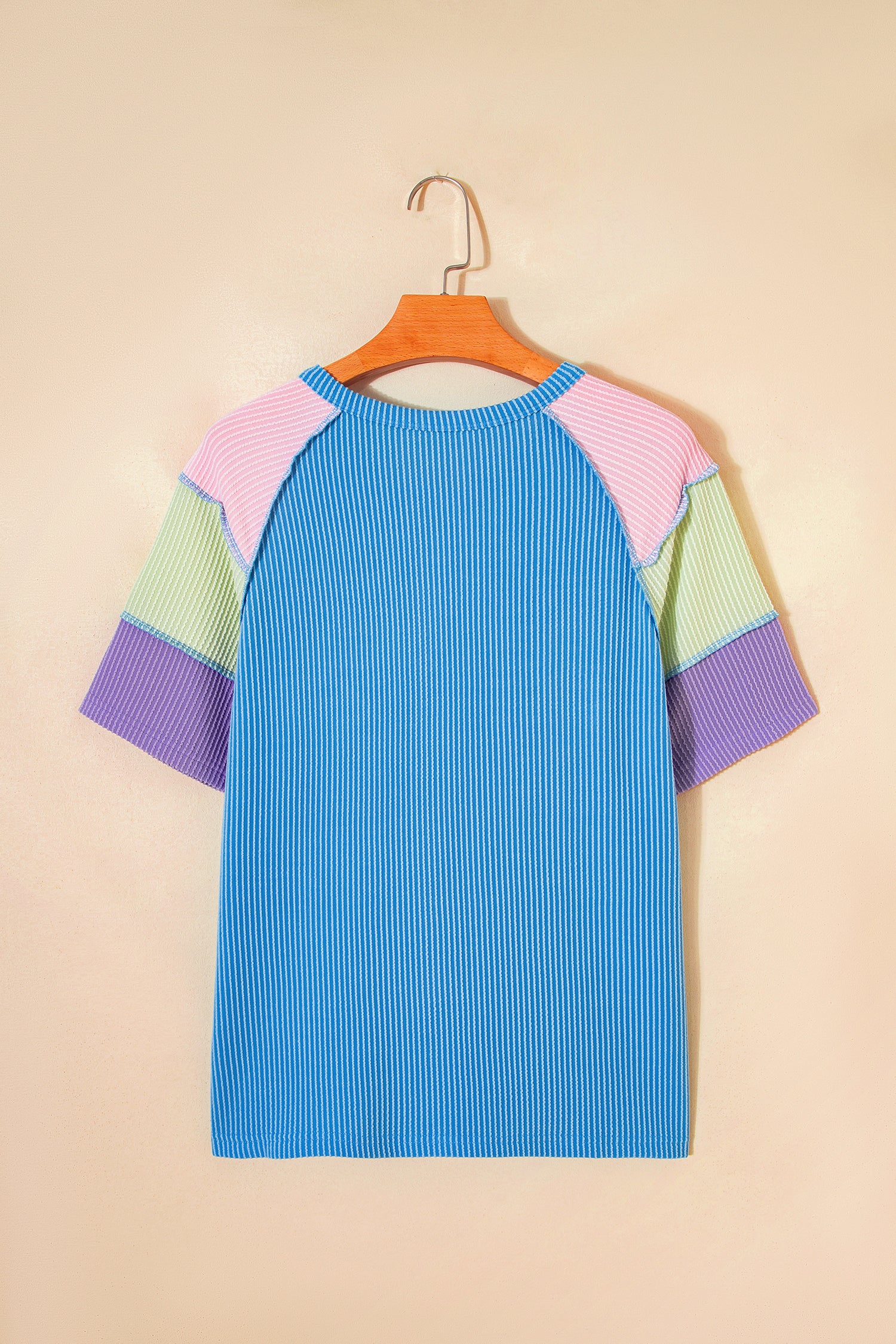 Blue Twisted Ribbed Color Block Patchwork Henley Short Sleeve T Shirt-Tops/Tops & Tees-[Adult]-[Female]-2022 Online Blue Zone Planet