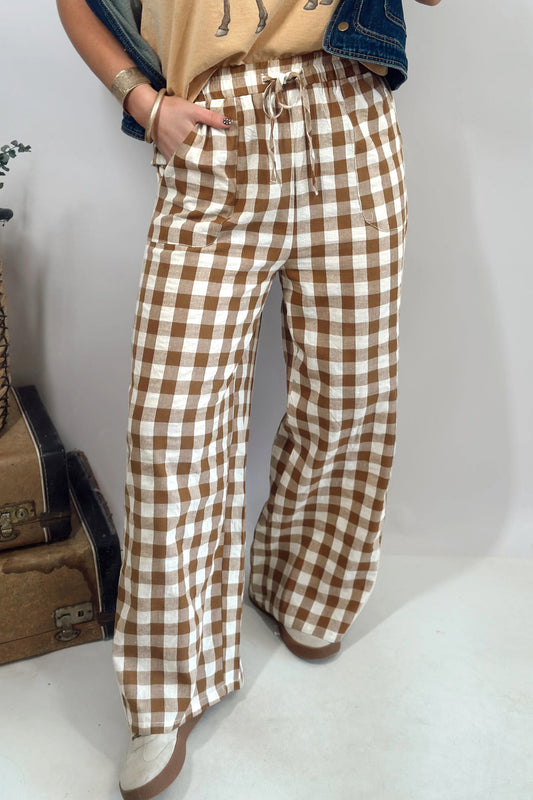 Brown Gingham Plaid Tie Elastic Waist Shift Pants-Bottoms/Pants & Culotte-[Adult]-[Female]-Brown-S-2022 Online Blue Zone Planet