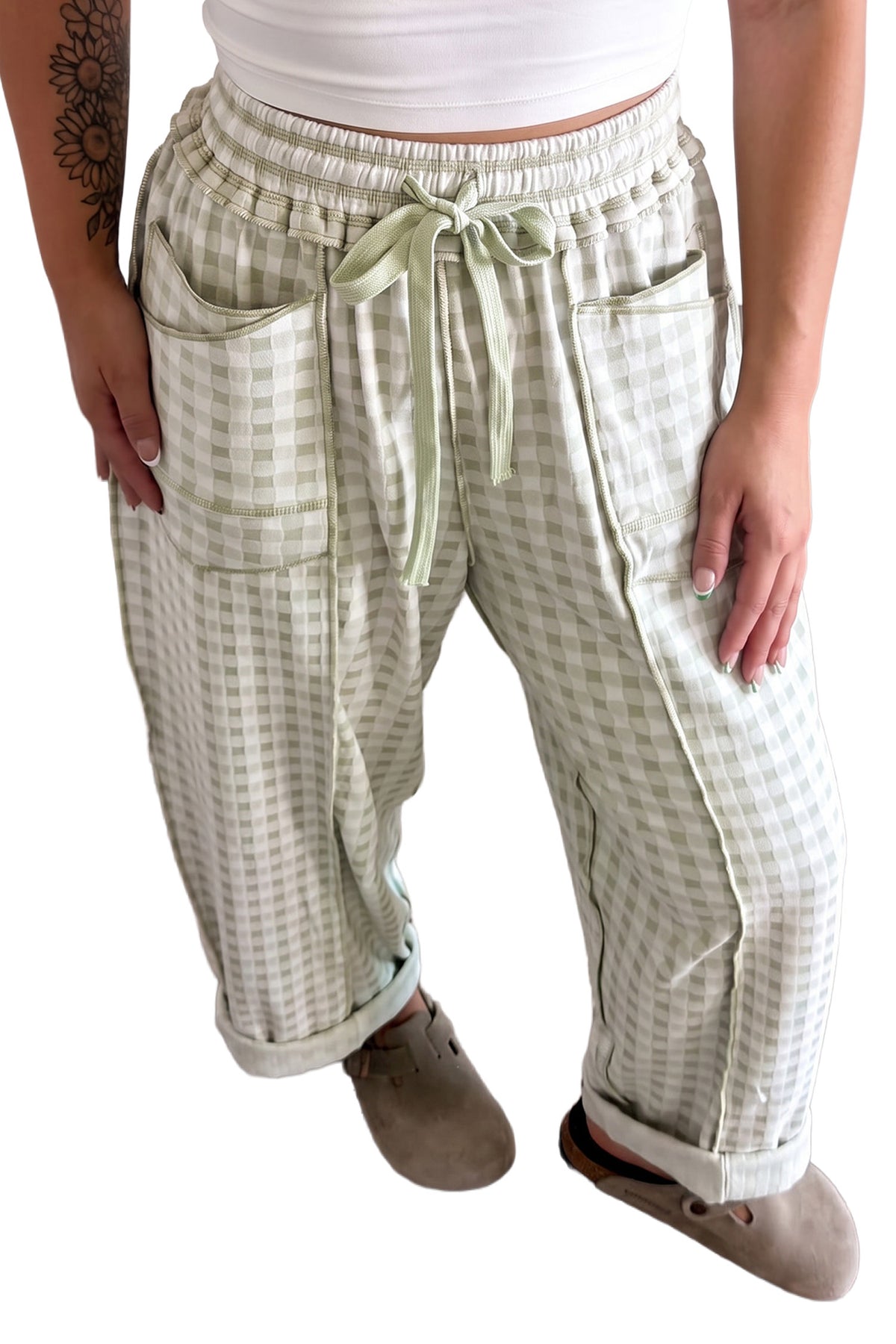 Red Plaid Contrast Trim Drawstring Elastic Waist Shift Pants-Bottoms/Pants & Culotte-[Adult]-[Female]-2022 Online Blue Zone Planet