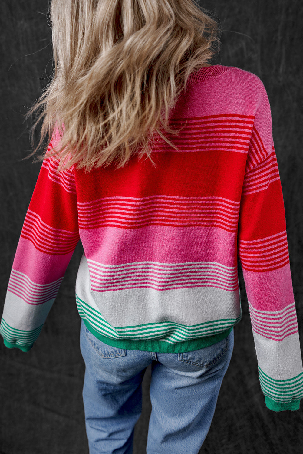 Blue Zone Planet | Rose Striped Knit Patch Pocket Drop Shoulder Sweater-Sweaters & Cardigans/Sweaters-[Adult]-[Female]-2022 Online Blue Zone Planet