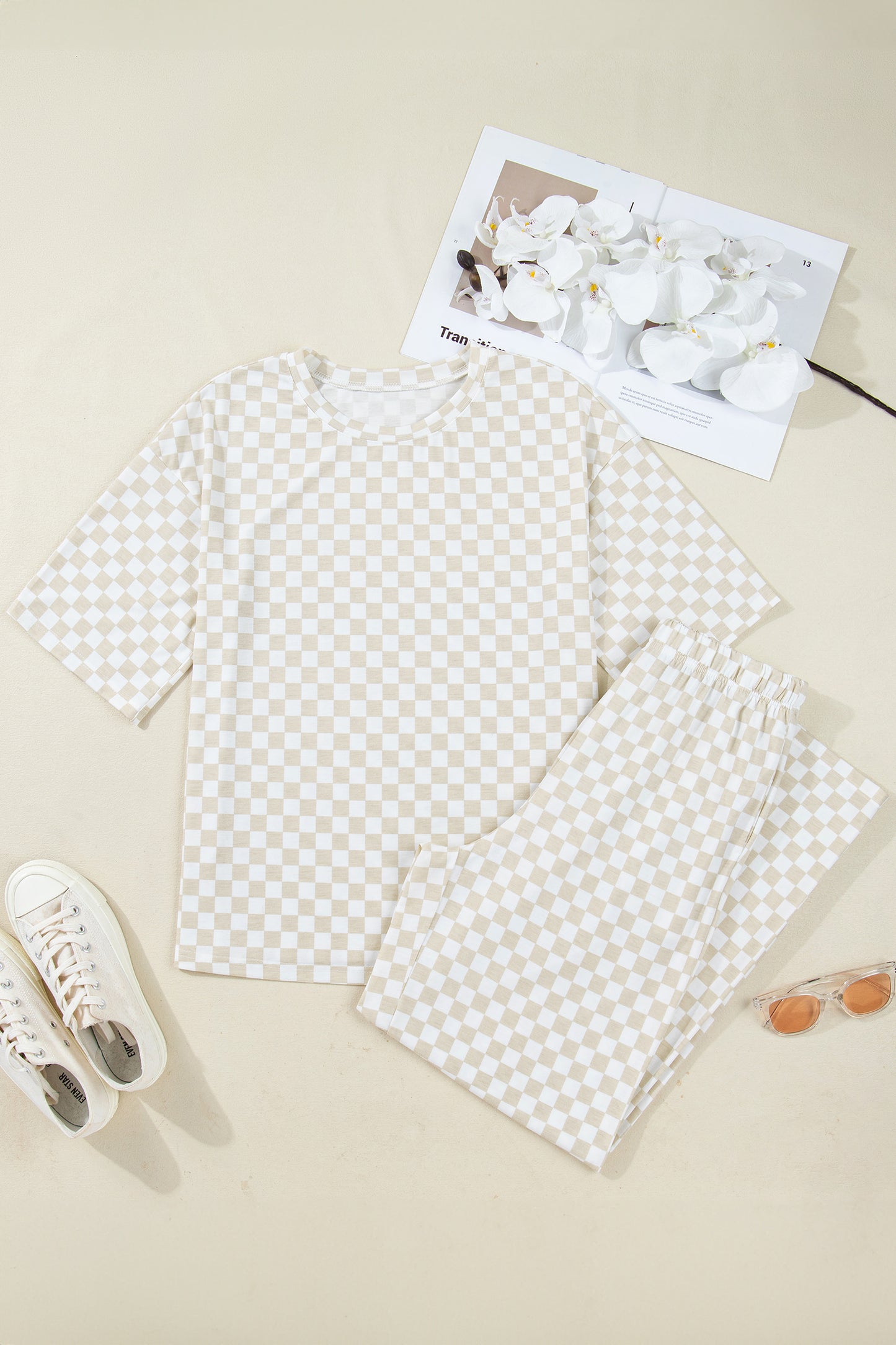 Khaki Checkered Print Half Sleeve Tee 2pcs Lounge Pant Set-Loungewear & Sleepwear/Loungewear-[Adult]-[Female]-2022 Online Blue Zone Planet