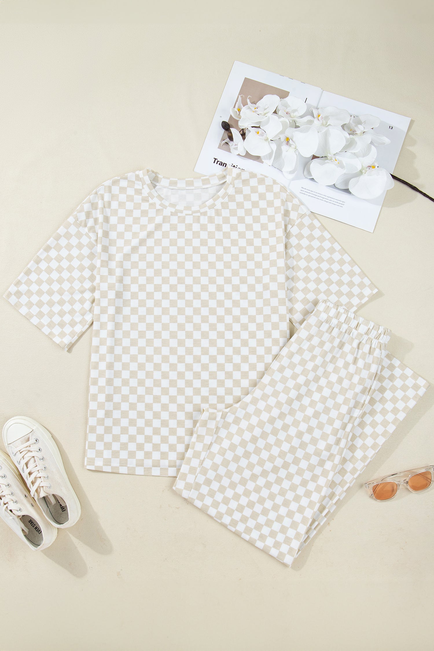 Khaki Checkered Print Half Sleeve Tee 2pcs Lounge Pant Set-Loungewear & Sleepwear/Loungewear-[Adult]-[Female]-2022 Online Blue Zone Planet