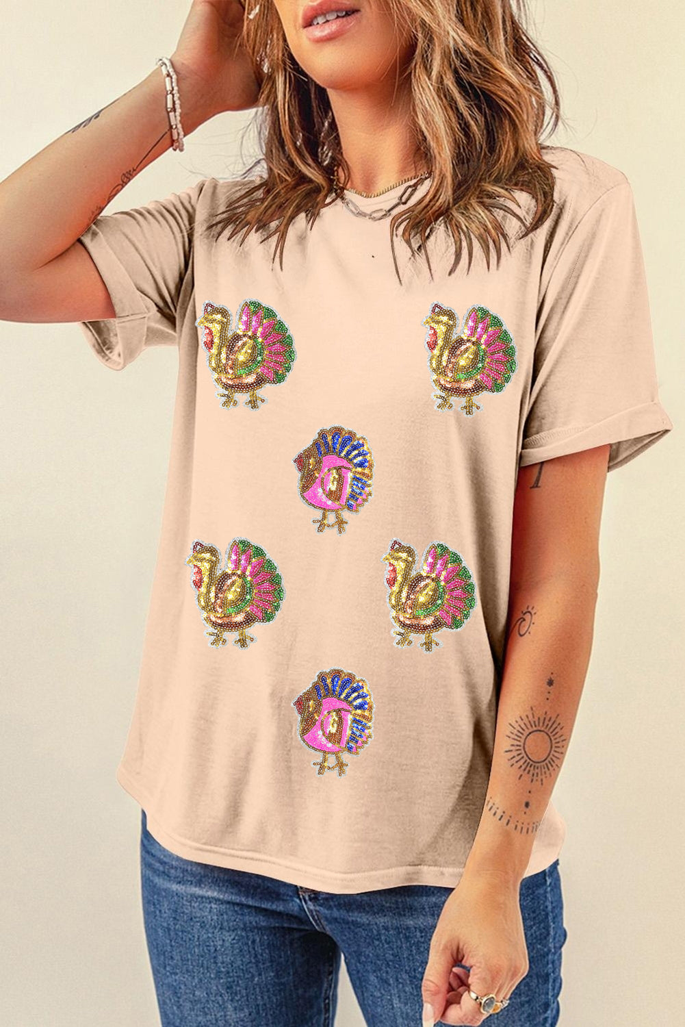 Khaki Sequin Turkey Patched Thanksgiving Graphic Tee-Graphic/Graphic Tees-[Adult]-[Female]-2022 Online Blue Zone Planet