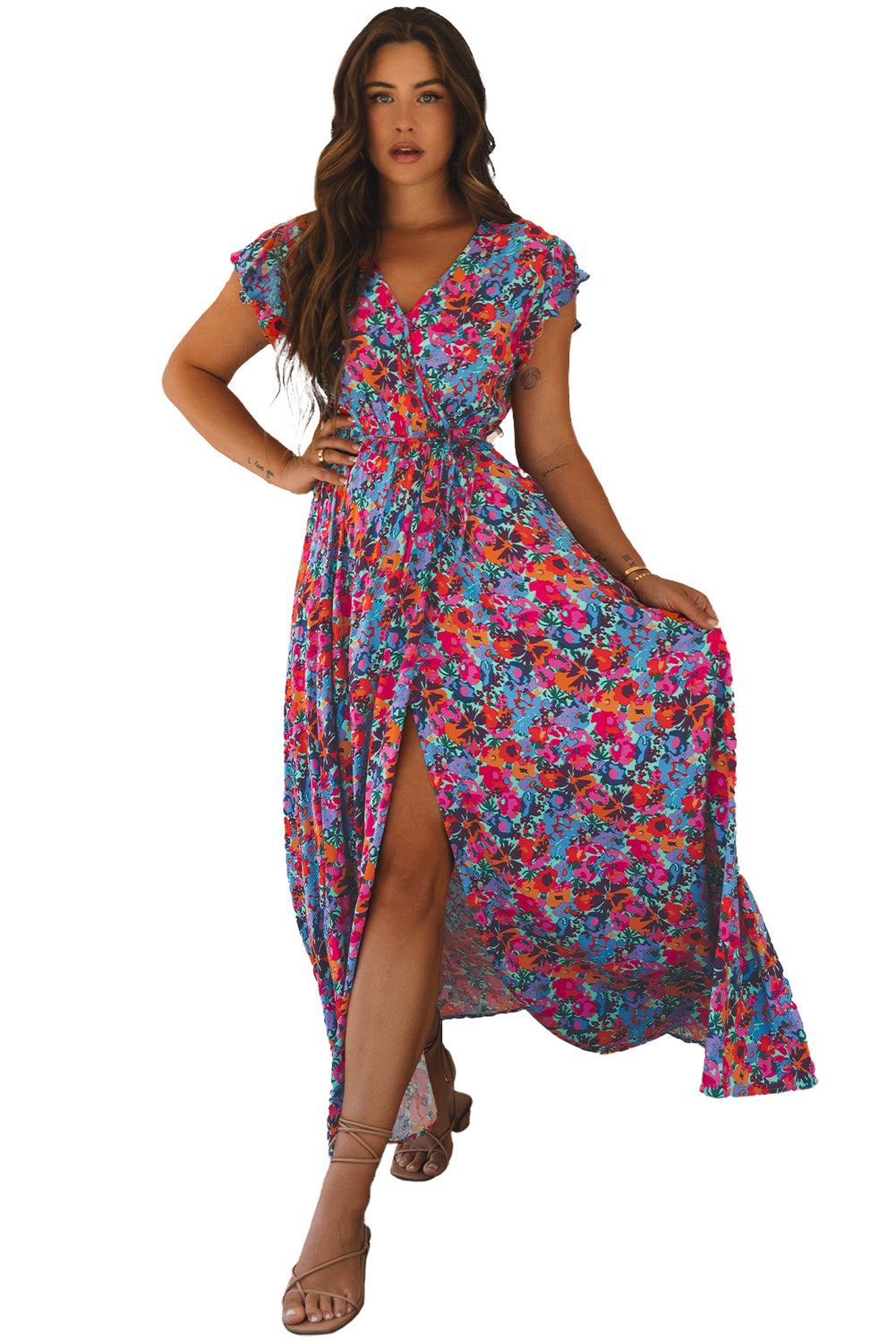 Blue Floral Print V Neck Wrap Split Maxi Dress-Dresses/Floral Dresses-[Adult]-[Female]-2022 Online Blue Zone Planet