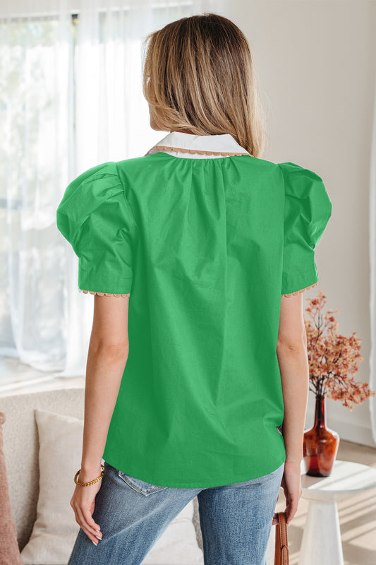 Bright Green Ricrac Trim Color Block Patchwork Shirt Collar Short Sleeve Blouse-Tops/Blouses & Shirts-[Adult]-[Female]-2022 Online Blue Zone Planet