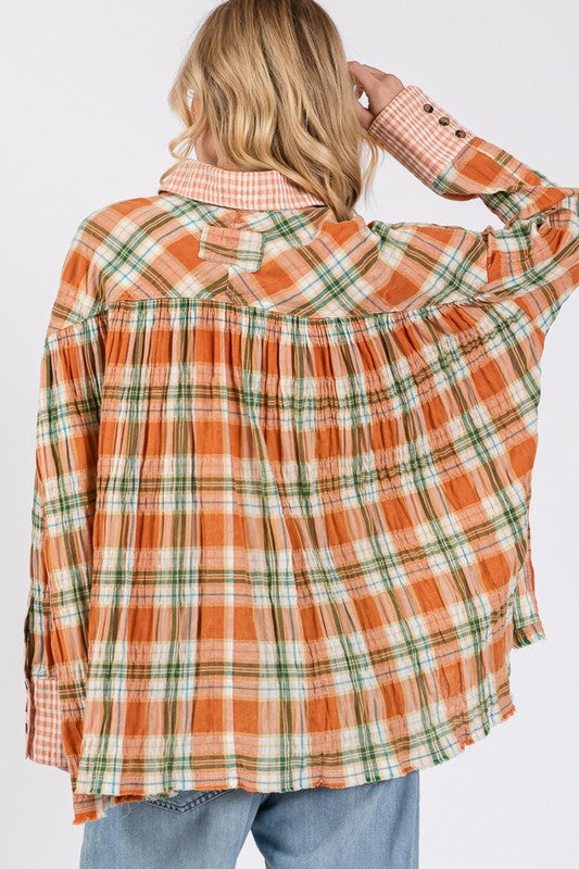 SAGE + FIG Side Slit Plaid Button Down Long Sleeve Shirt-TOPS / DRESSES-[Adult]-[Female]-2022 Online Blue Zone Planet