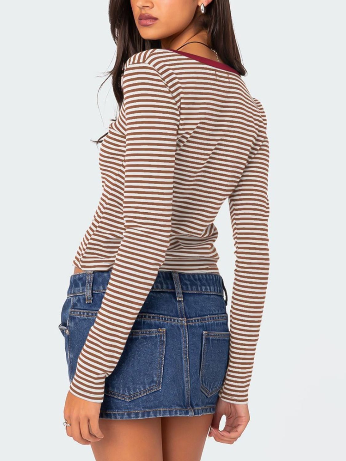 Buttoned Striped Long Sleeve T-Shirt-TOPS / DRESSES-[Adult]-[Female]-2022 Online Blue Zone Planet