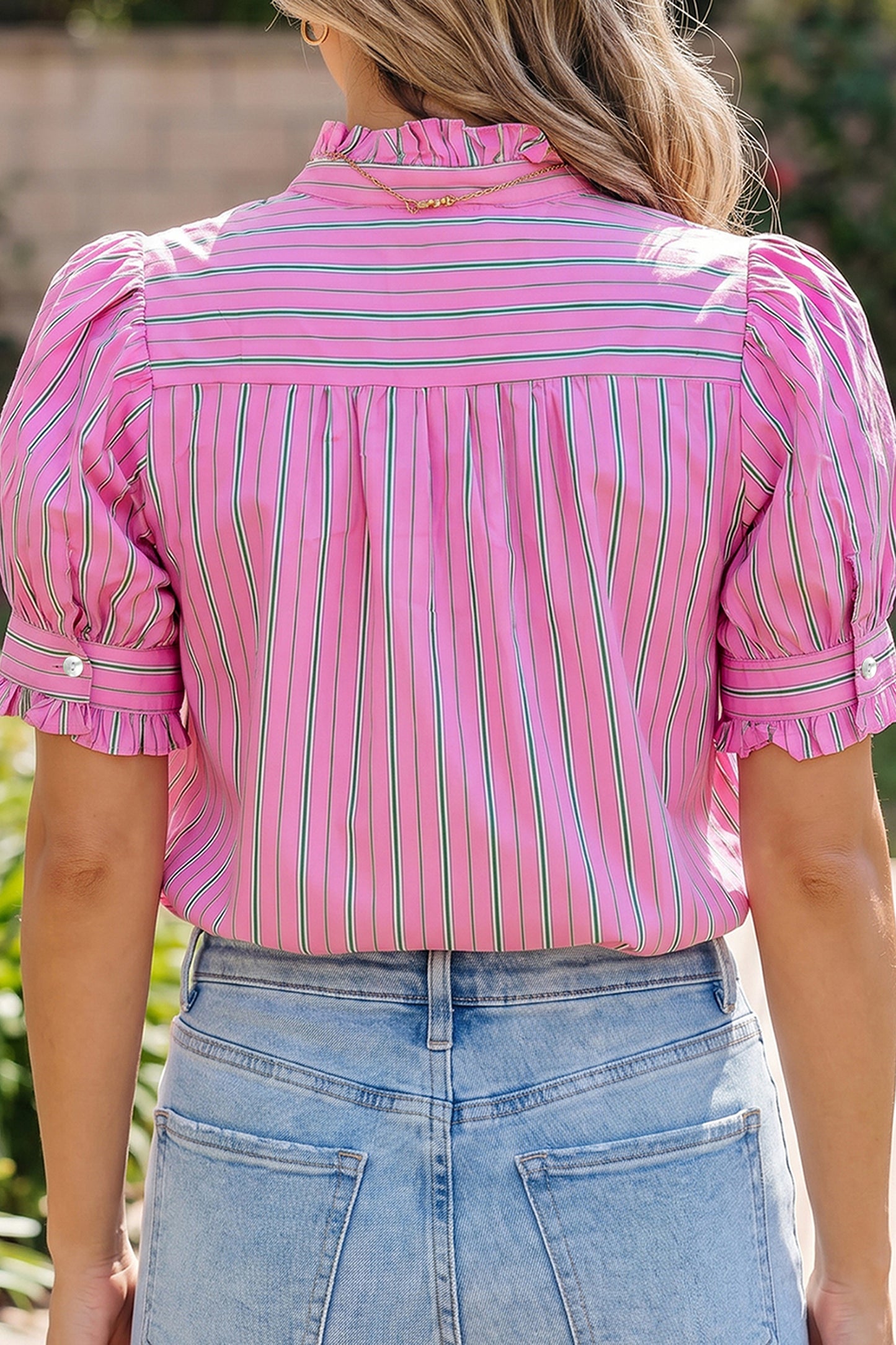 Pink Stripe Ruffle Trim Half Button Short Puff Sleeve Blouse-Tops/Blouses & Shirts-[Adult]-[Female]-2022 Online Blue Zone Planet