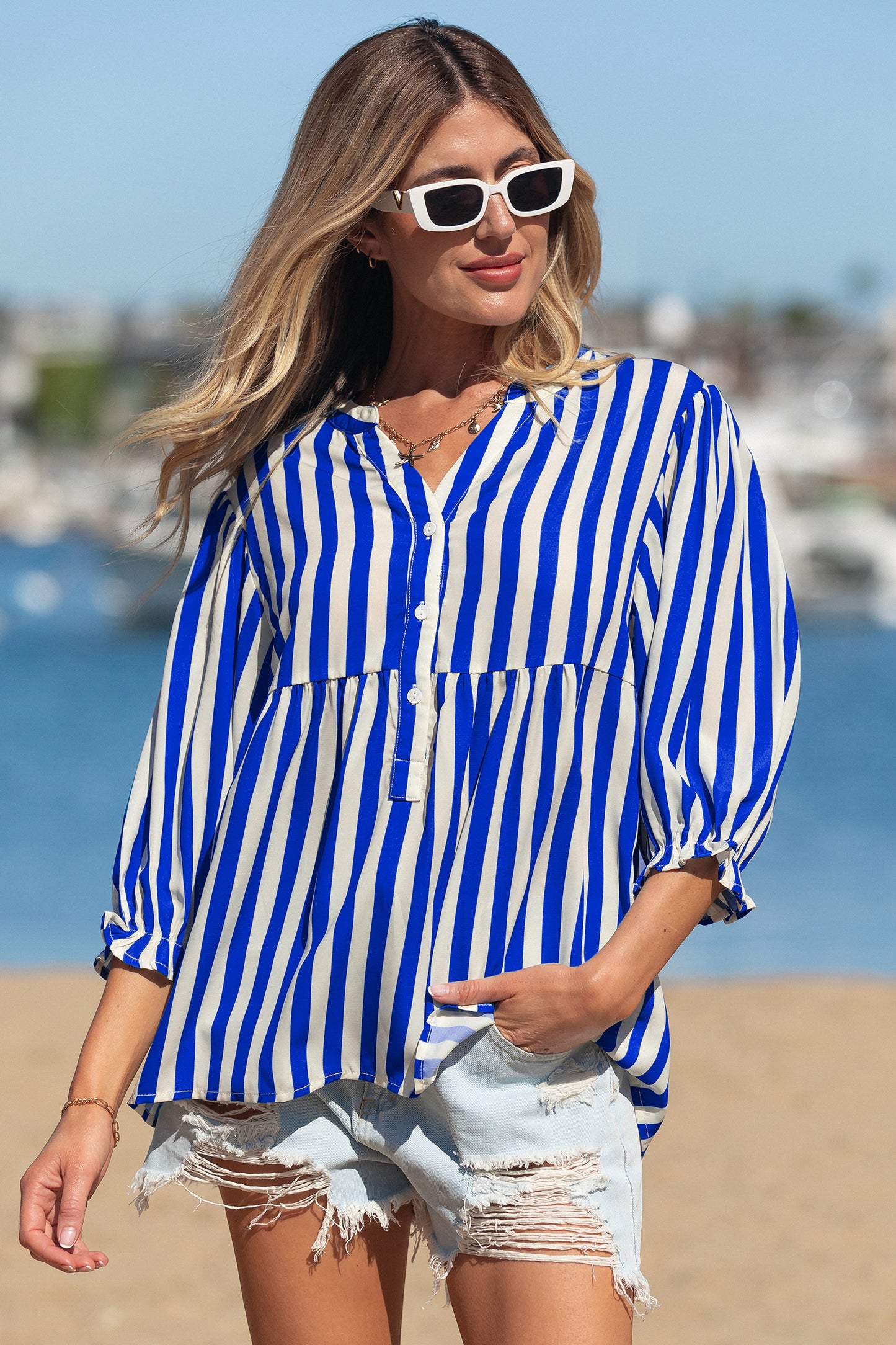Sky Blue Stripe Balloon Sleeve Loose Button up Shirt-Tops/Blouses & Shirts-[Adult]-[Female]-2022 Online Blue Zone Planet