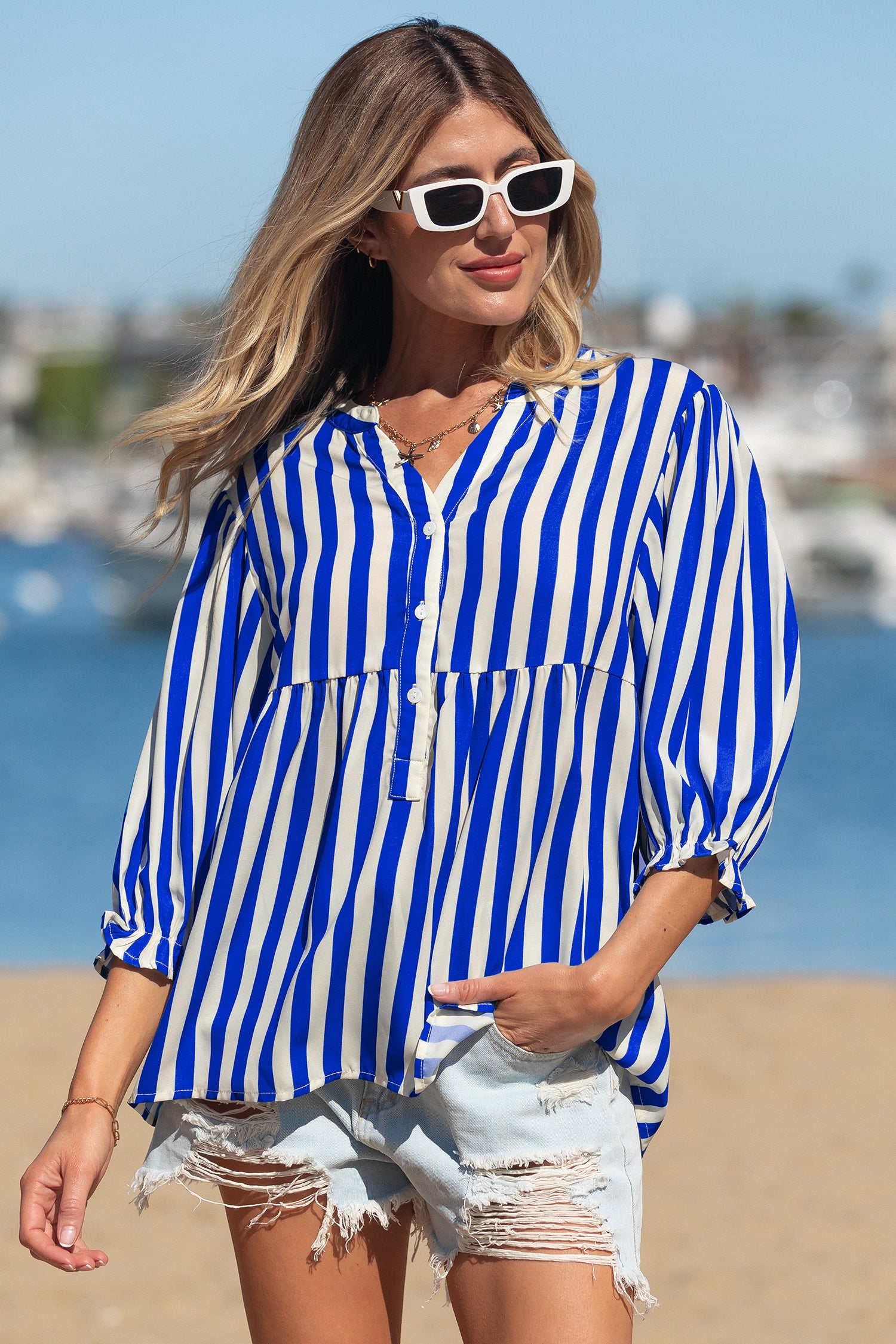 Sky Blue Stripe Balloon Sleeve Loose Button up Shirt-Tops/Blouses & Shirts-[Adult]-[Female]-2022 Online Blue Zone Planet