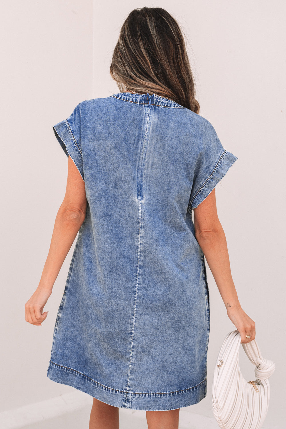Beau Blue Tie V Neck Tucking Detail Short Sleeve Denim Shift Dress-TOPS / DRESSES-[Adult]-[Female]-2022 Online Blue Zone Planet