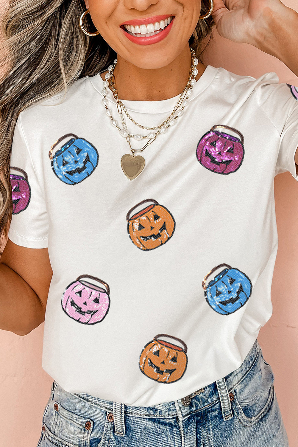 White Sequin Pumpkin Face Patched Crew Neck Holiday T Shirt-Graphic/Graphic Tees-[Adult]-[Female]-White-S-2022 Online Blue Zone Planet
