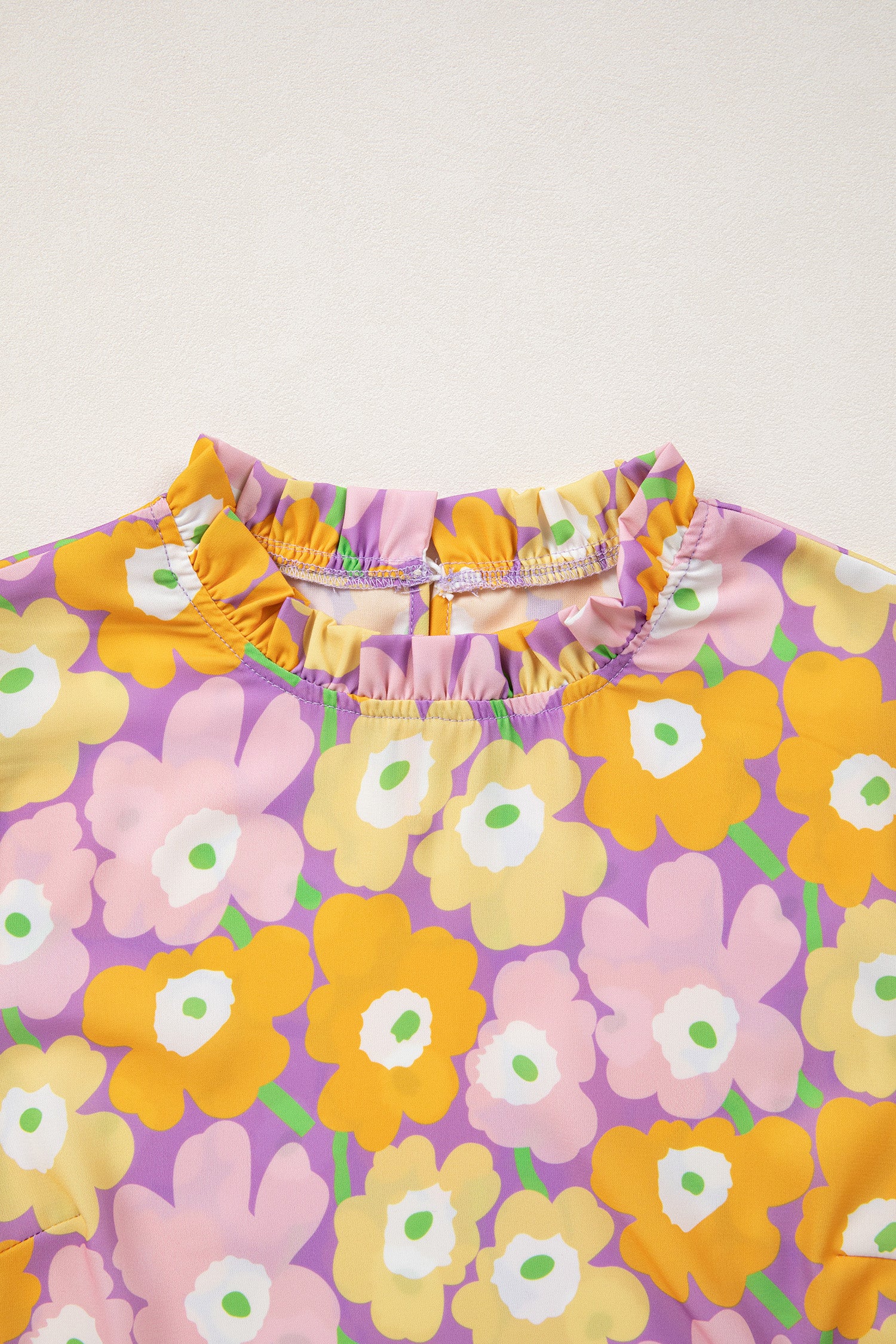 Purple Frilled Neck Puff Short Sleeve Flower Top-Tops/Blouses & Shirts-[Adult]-[Female]-2022 Online Blue Zone Planet