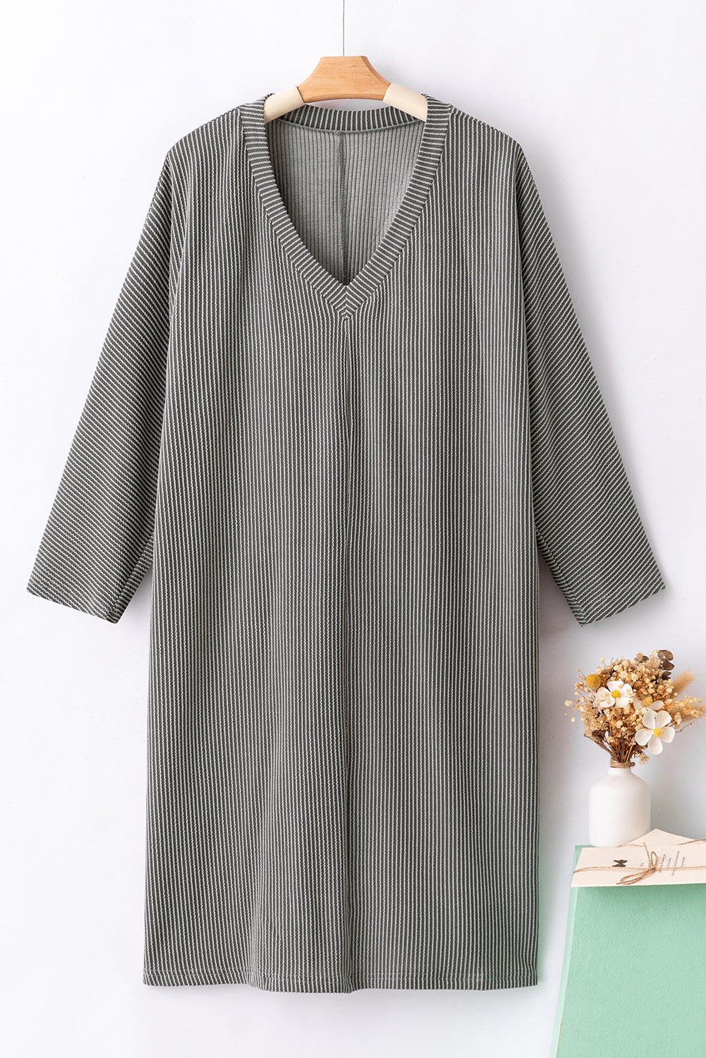 Philippine Gray Plus Size Corded V Neck Shift Dress-TOPS / DRESSES-[Adult]-[Female]-2022 Online Blue Zone Planet