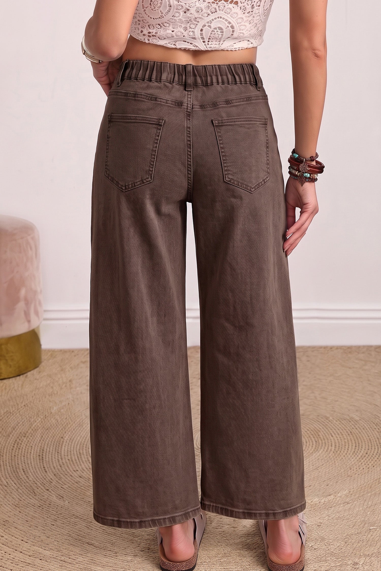 Coffee Solid Color Square Patch Pocket Ankle-length Barrel Jeans-Bottoms/Jeans-[Adult]-[Female]-2022 Online Blue Zone Planet
