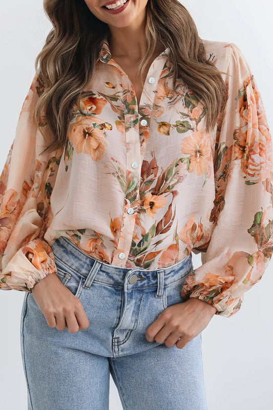 Orange Floral Puff Sleeve Lightweight Shirt-Tops/Blouses & Shirts-[Adult]-[Female]-2022 Online Blue Zone Planet