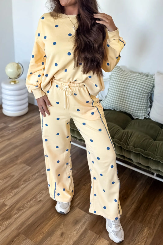 Yellow Polka Dot Long Sleeve Top Patchwork Detail Loose Pant Set-Two Piece Sets/Pant Sets-[Adult]-[Female]-Yellow-S-2022 Online Blue Zone Planet