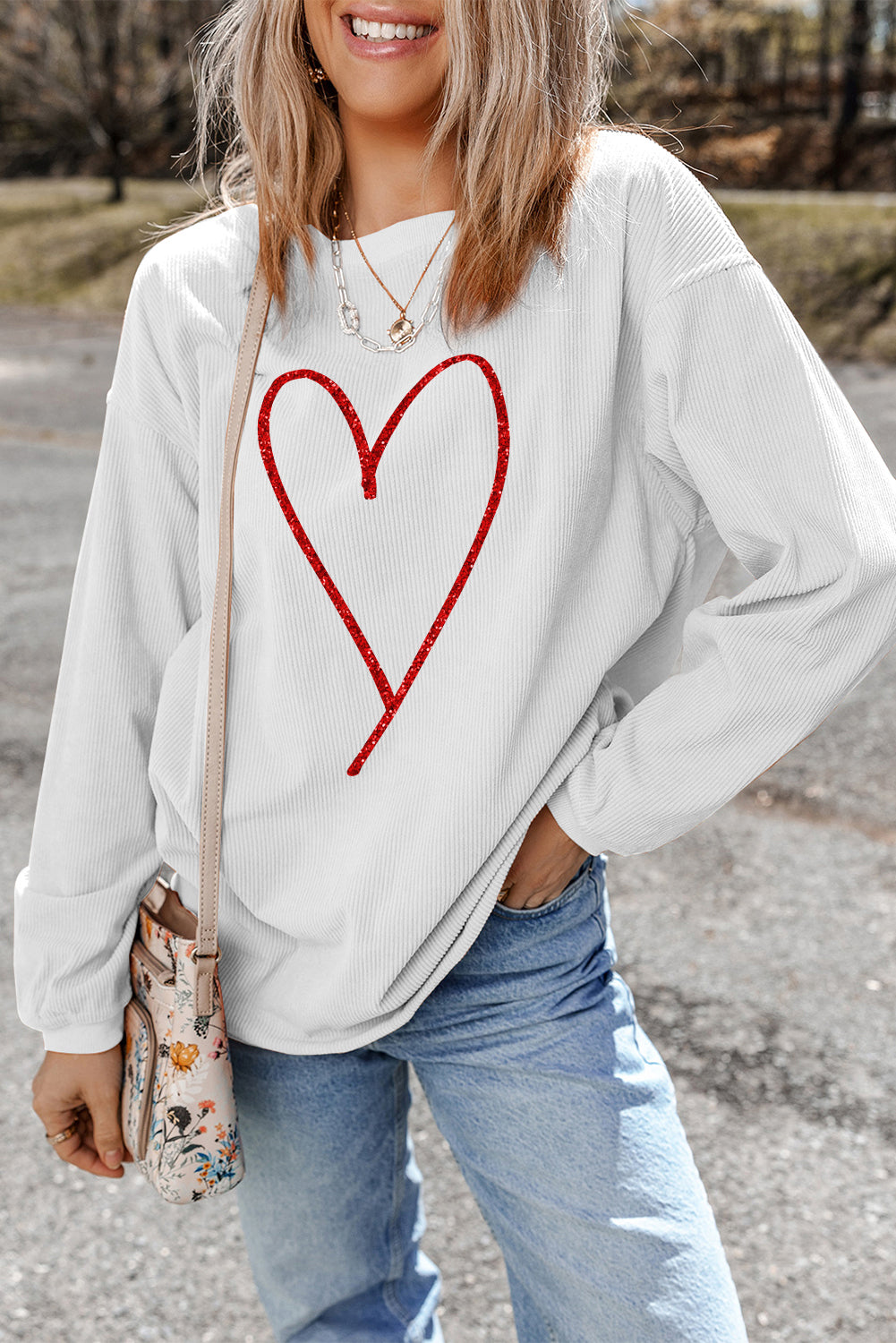 White Glitter Heart Print Corded Graphic Pullover Sweatshirt-Graphic Sweatshirts-[Adult]-[Female]-2022 Online Blue Zone Planet