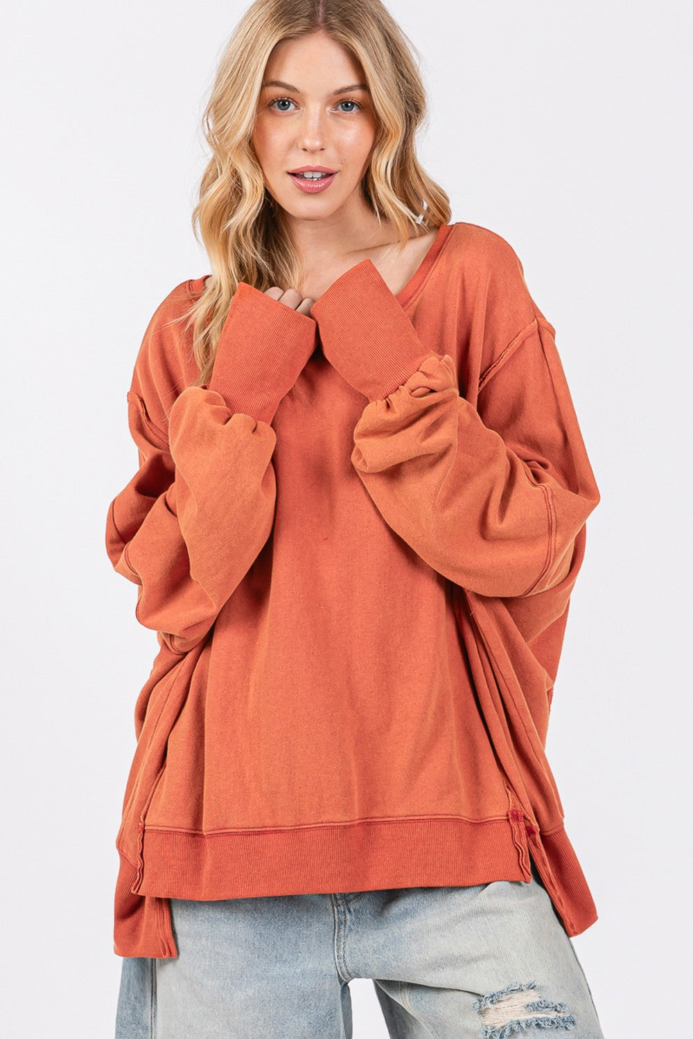 SAGE + FIG Mineral Wash Side Slit Oversized Sweatshirt-TOPS / DRESSES-[Adult]-[Female]-2022 Online Blue Zone Planet