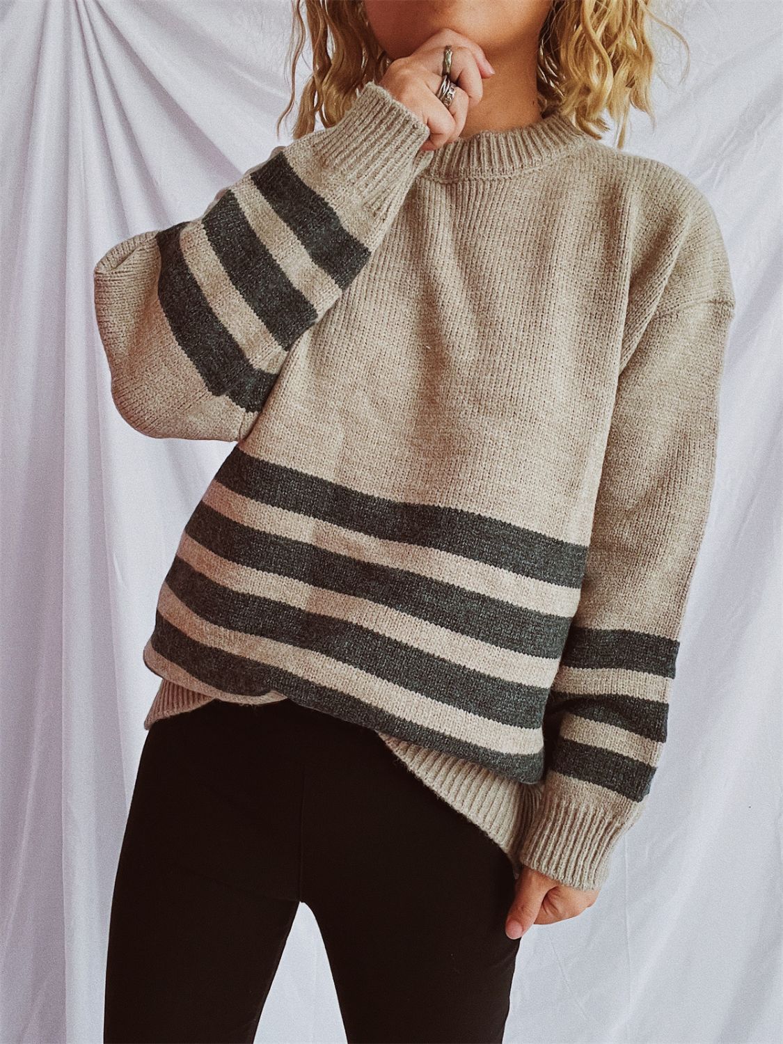 Striped Dropped Shoulder Long Sleeve Sweater-TOPS / DRESSES-[Adult]-[Female]-2022 Online Blue Zone Planet