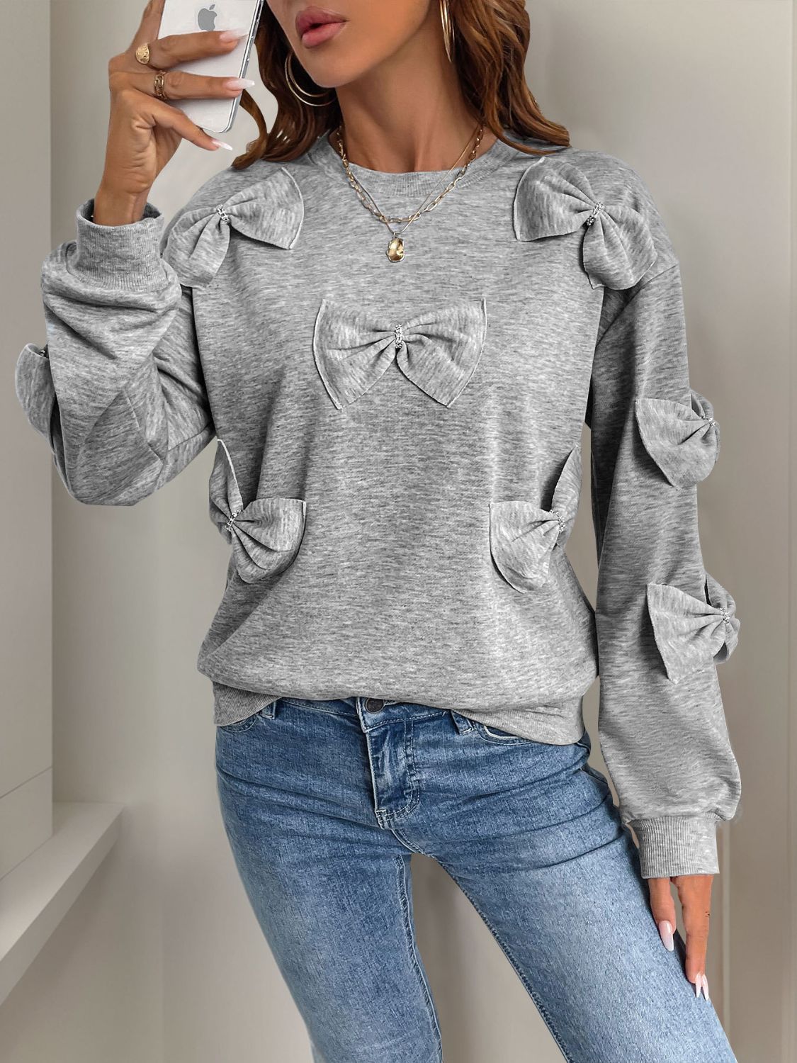 Perfee Bow Round Neck Long Sleeve Sweatshirt-TOPS / DRESSES-[Adult]-[Female]-2022 Online Blue Zone Planet